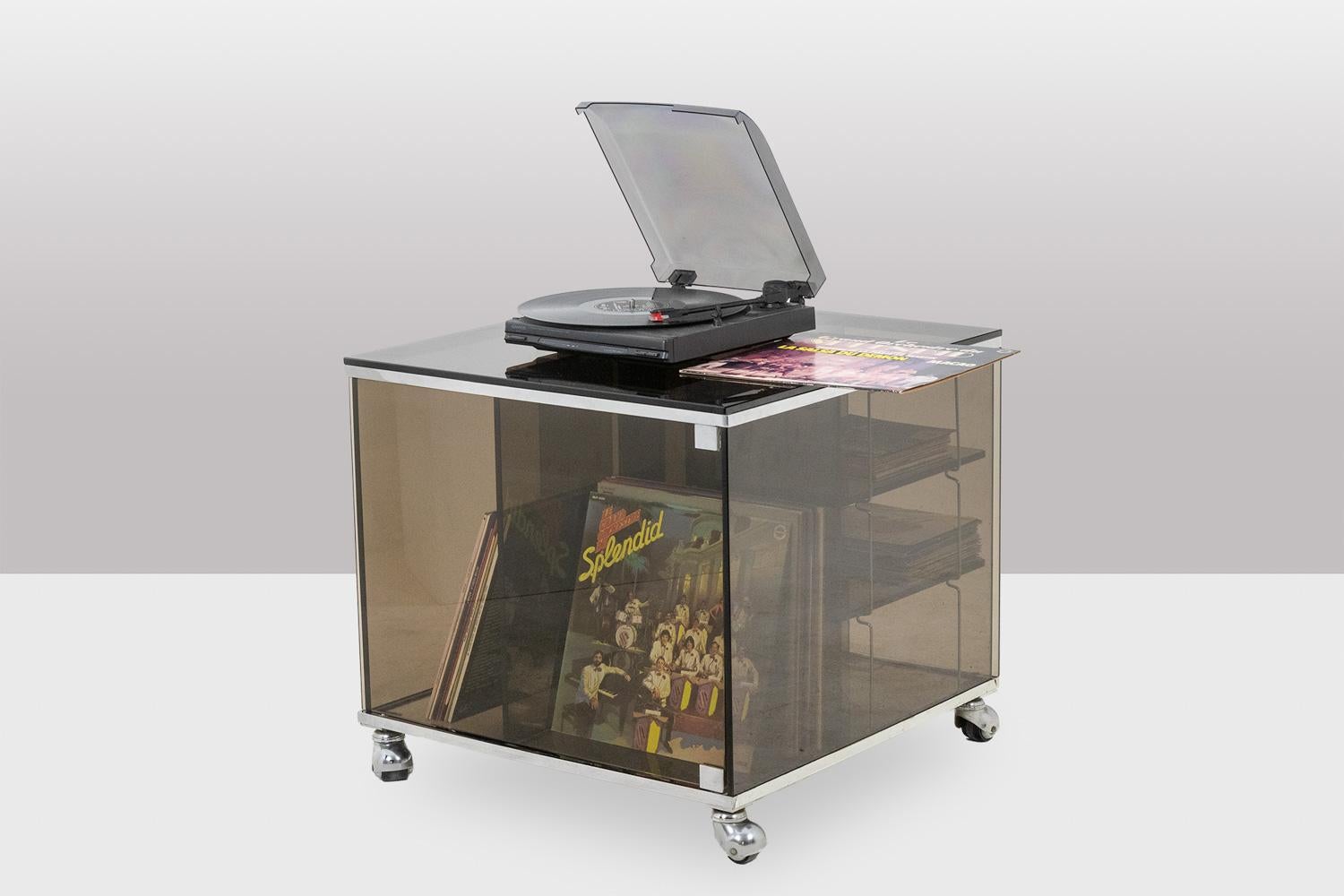 Smoked Glass Maison Jansen. Furniture for vinyls in smoked glass. 1970s. For Sale