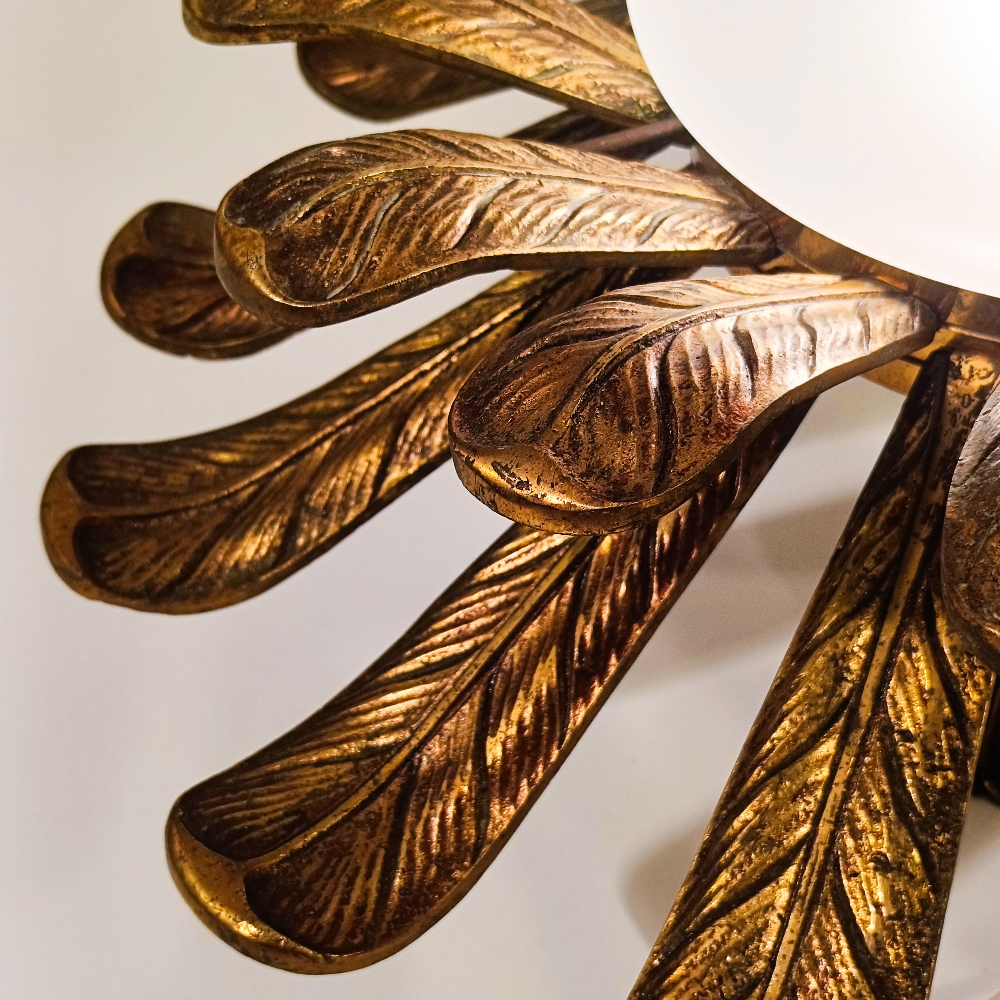 Hollywood Regency Maison Jansen. Gilded bronze flush mount with palm tree leaves, France, 1950s For Sale