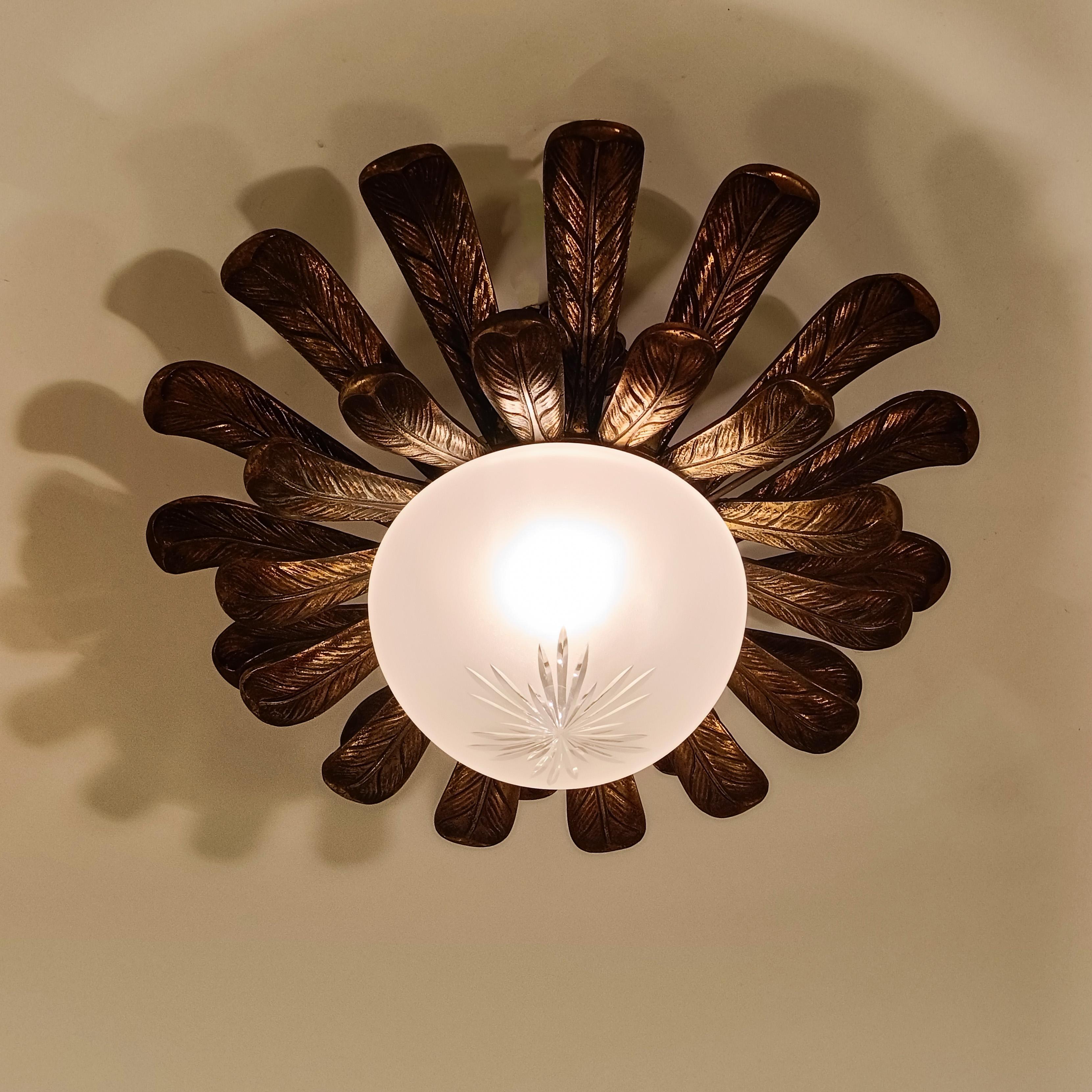 Mid-20th Century Maison Jansen. Gilded bronze flush mount with palm tree leaves, France, 1950s For Sale