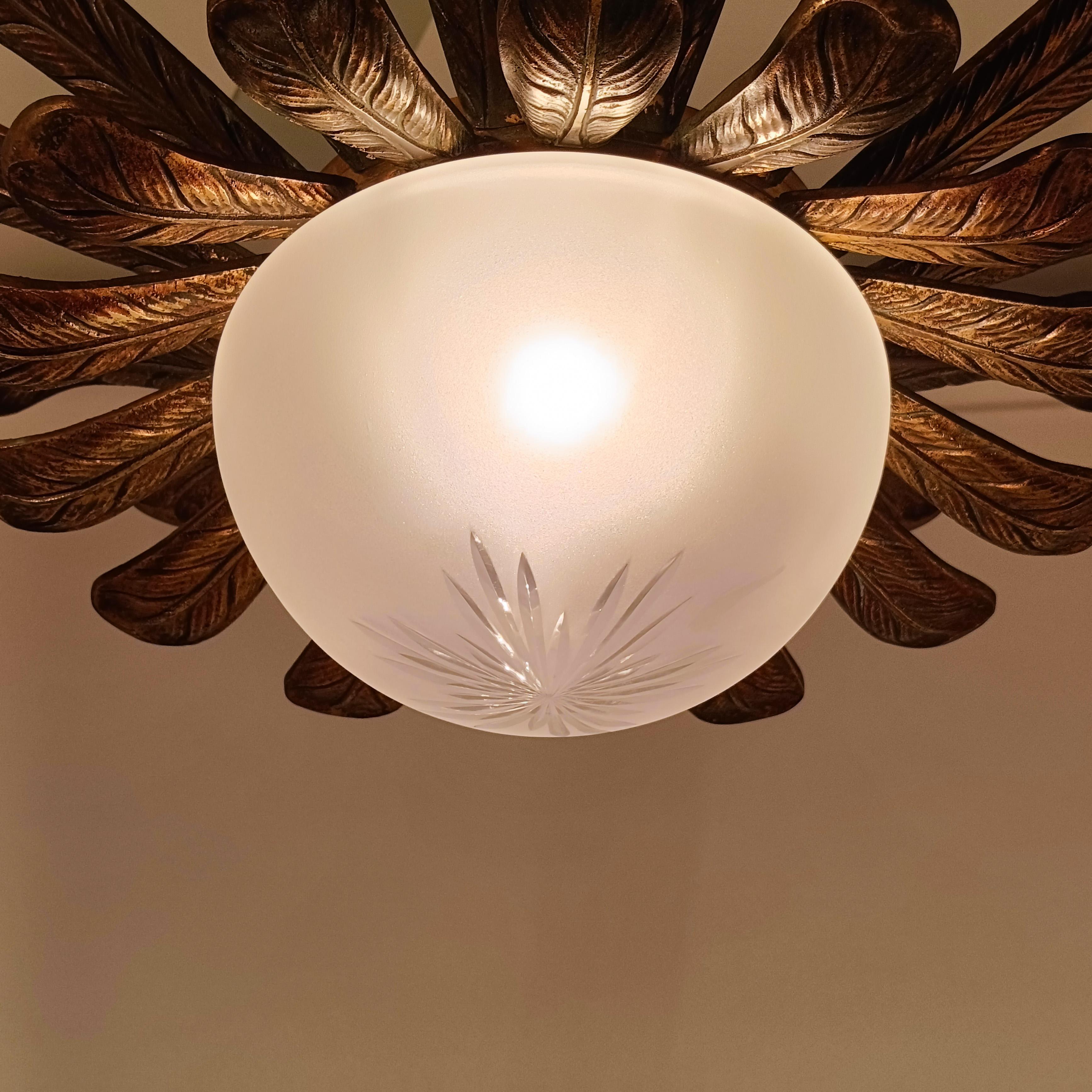 Bronze Maison Jansen. Gilded bronze flush mount with palm tree leaves, France, 1950s For Sale