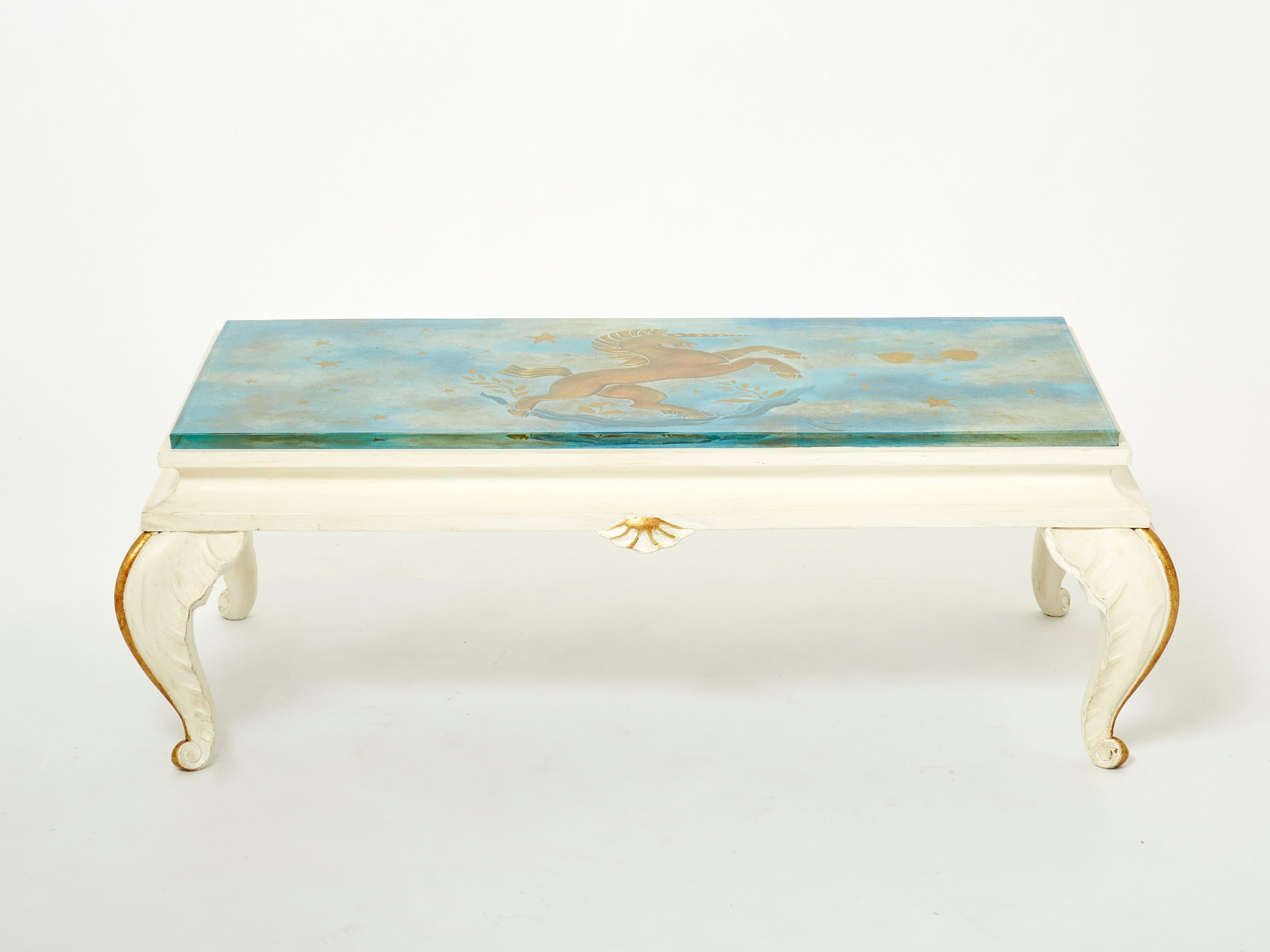 Maison Jansen Gilded Wood Painted Glass Top Coffee Table, 1950 For Sale 5