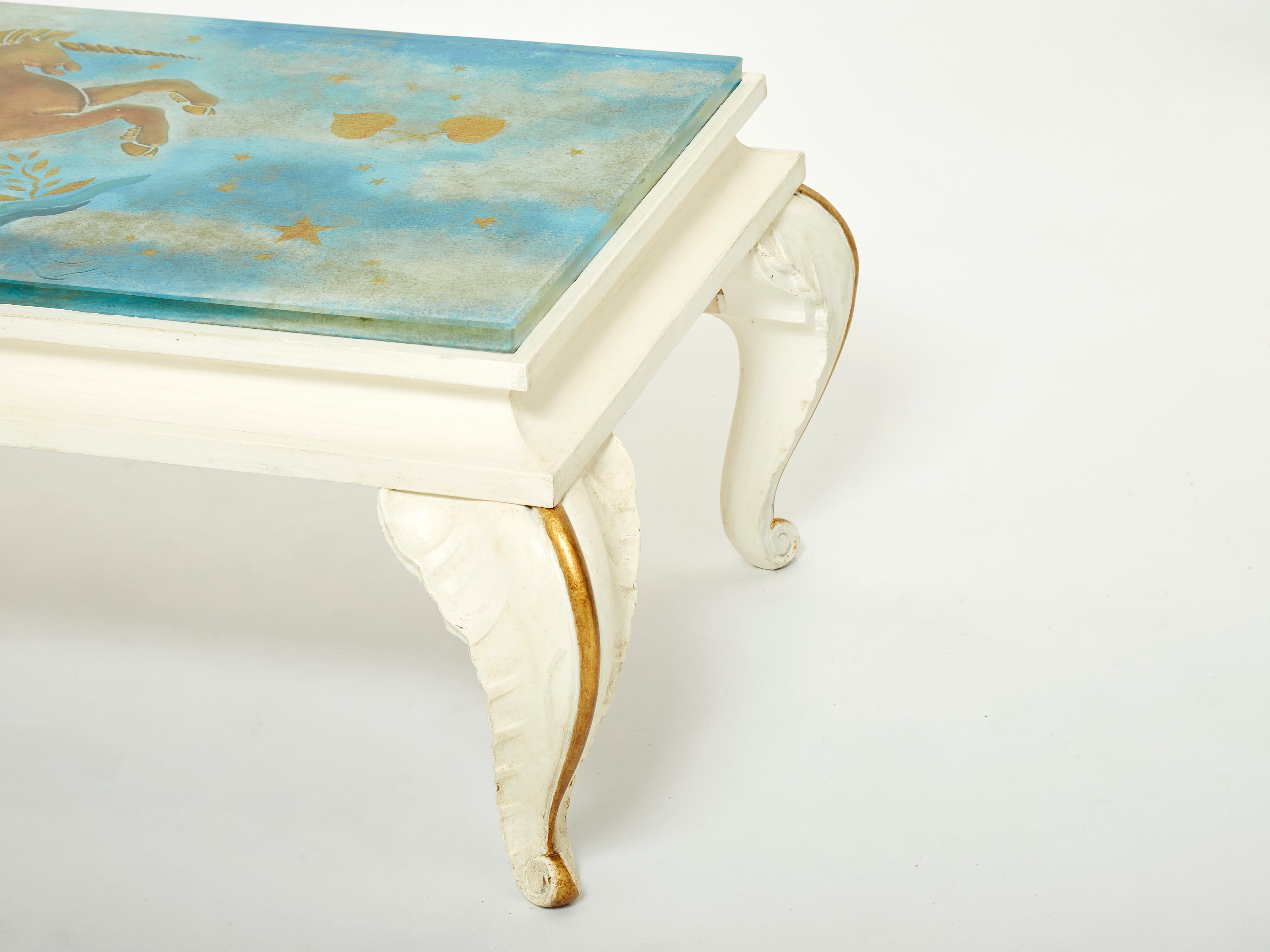 Mid-20th Century Maison Jansen Gilded Wood Painted Glass Top Coffee Table, 1950 For Sale