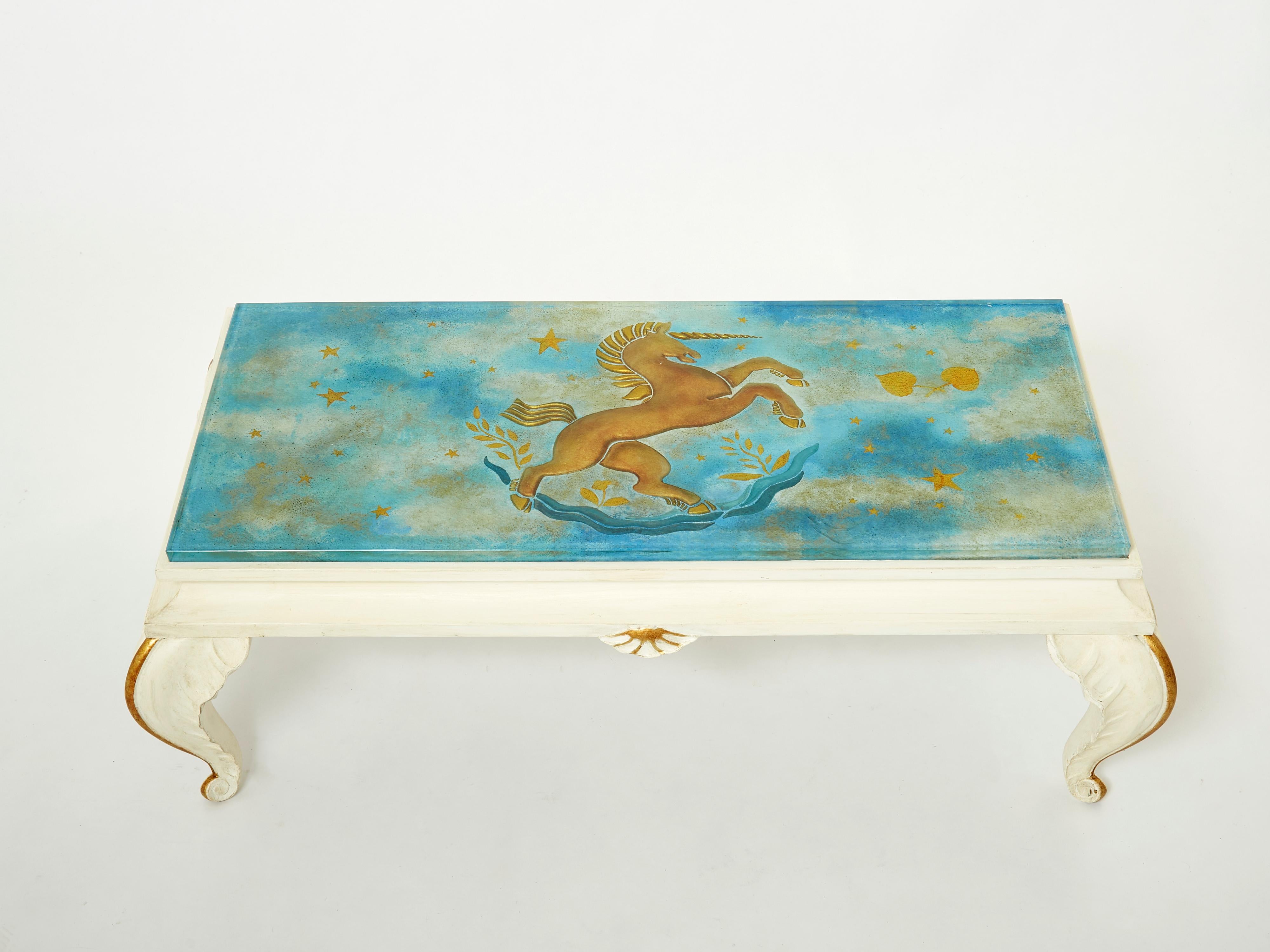 Maison Jansen Gilded Wood Painted Glass Top Coffee Table, 1950 For Sale 1