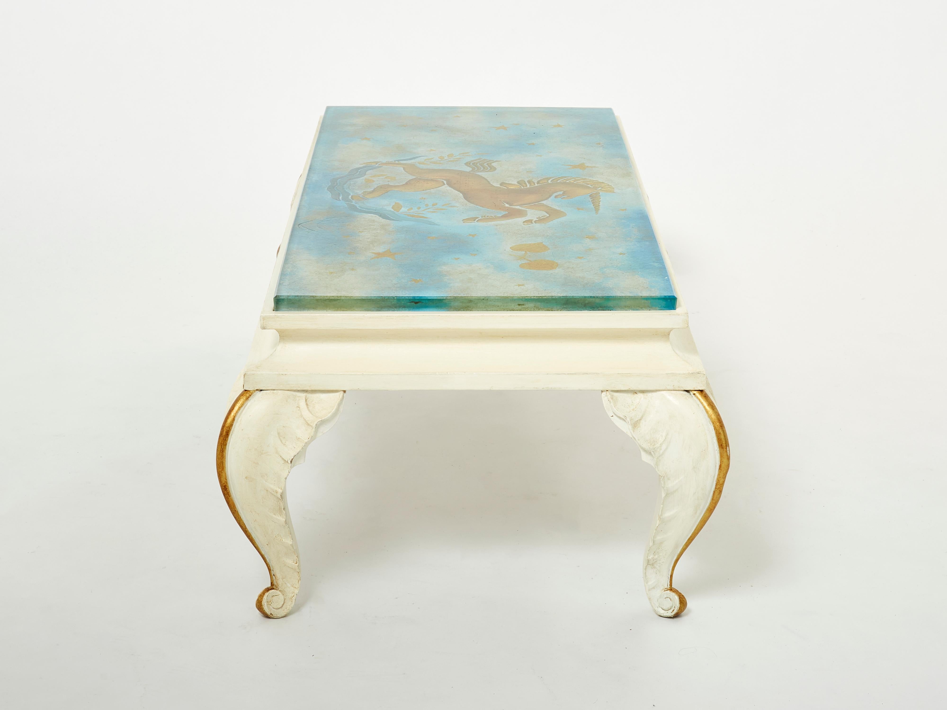Maison Jansen Gilded Wood Painted Glass Top Coffee Table, 1950 For Sale 2
