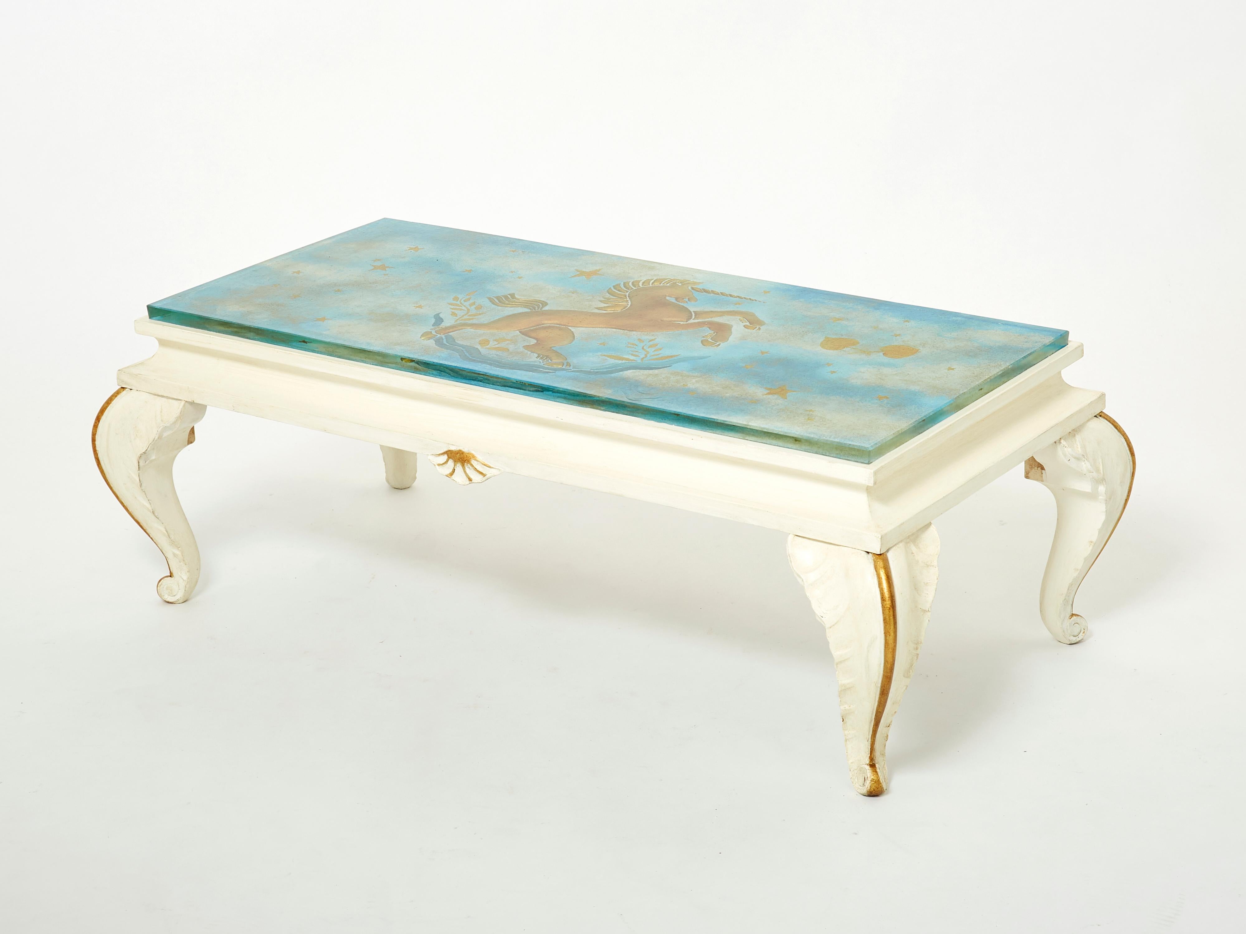 Maison Jansen Gilded Wood Painted Glass Top Coffee Table, 1950 For Sale 3