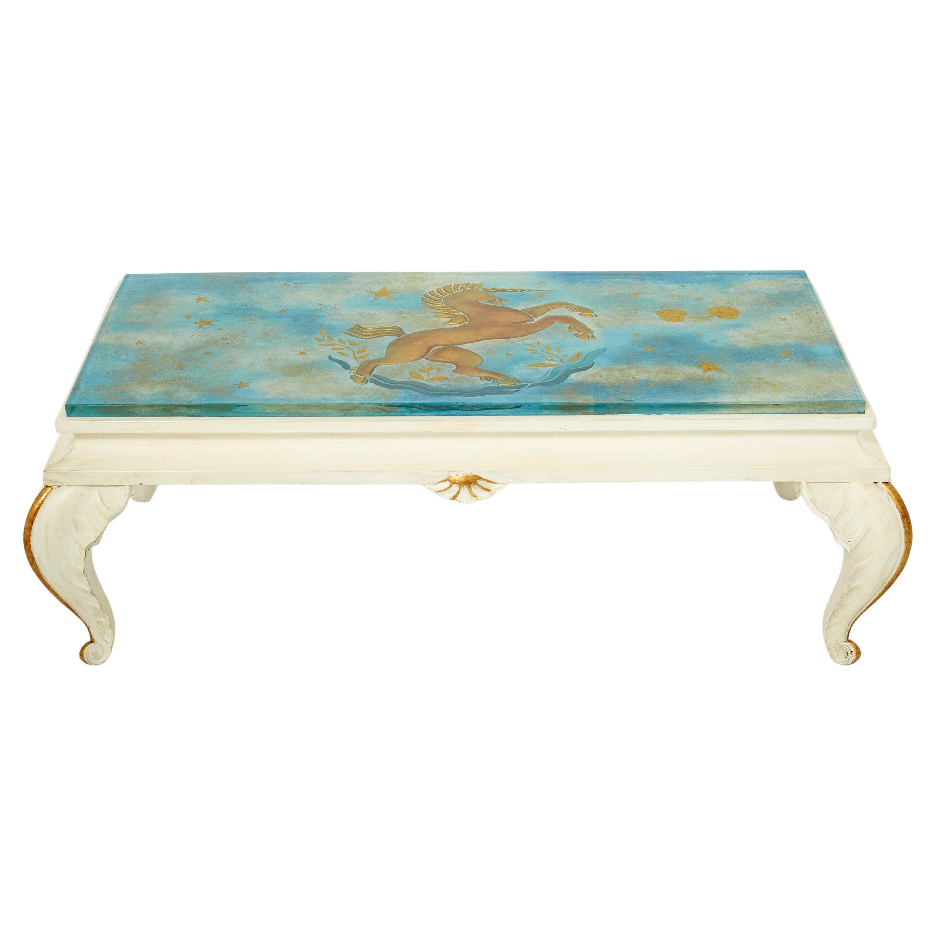 Maison Jansen Gilded Wood Painted Glass Top Coffee Table, 1950 For Sale