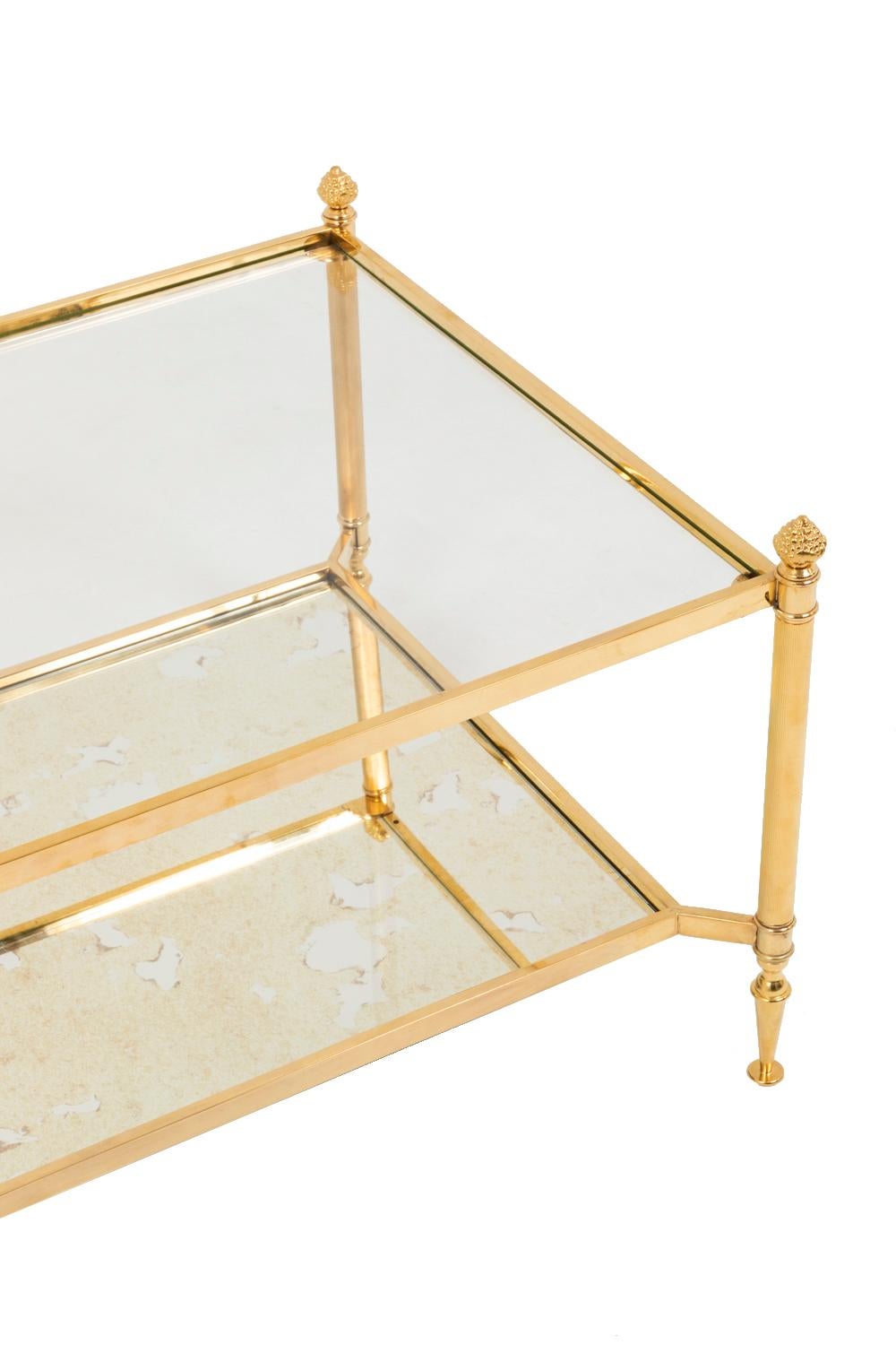 French Maison Jansen, Gilt Brass Coffee Table, Glass and Oxidized Mirror, 1970s