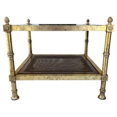 Maison Jansen Style Gilt Square Tables with Smokey Glass and Cane Shelf - A Pair