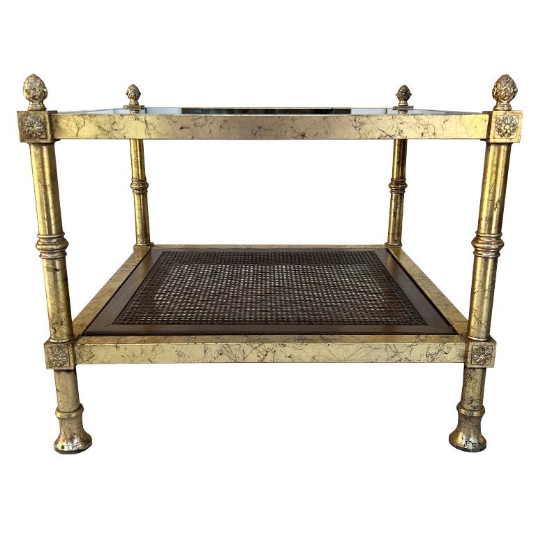 Hollywood Regency Maison Jansen Gilt Square Side Tables with Smokey Glass and Cane Shelf - A Pair For Sale