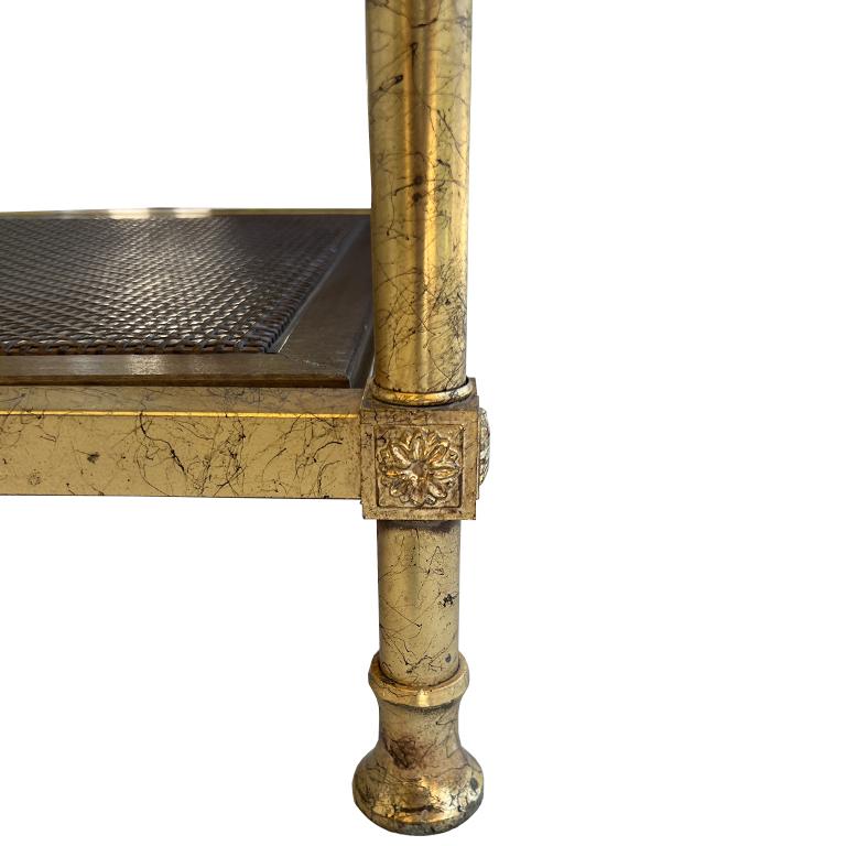 French Maison Jansen Gilt Square Side Tables with Smokey Glass and Cane Shelf - A Pair For Sale
