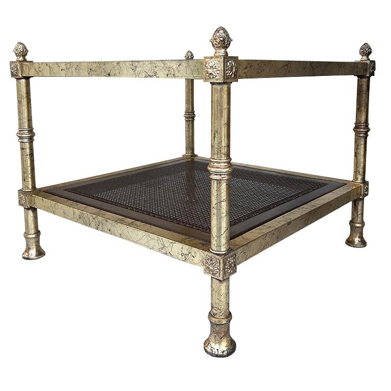 Metal Maison Jansen Gilt Square Side Tables with Smokey Glass and Cane Shelf - A Pair For Sale