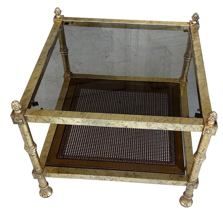 Maison Jansen Gilt Square Side Tables with Smokey Glass and Cane Shelf - A Pair For Sale 1