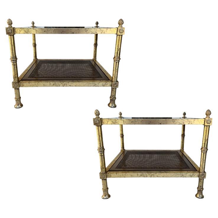 Maison Jansen Gilt Square Side Tables with Smokey Glass and Cane Shelf - A Pair For Sale