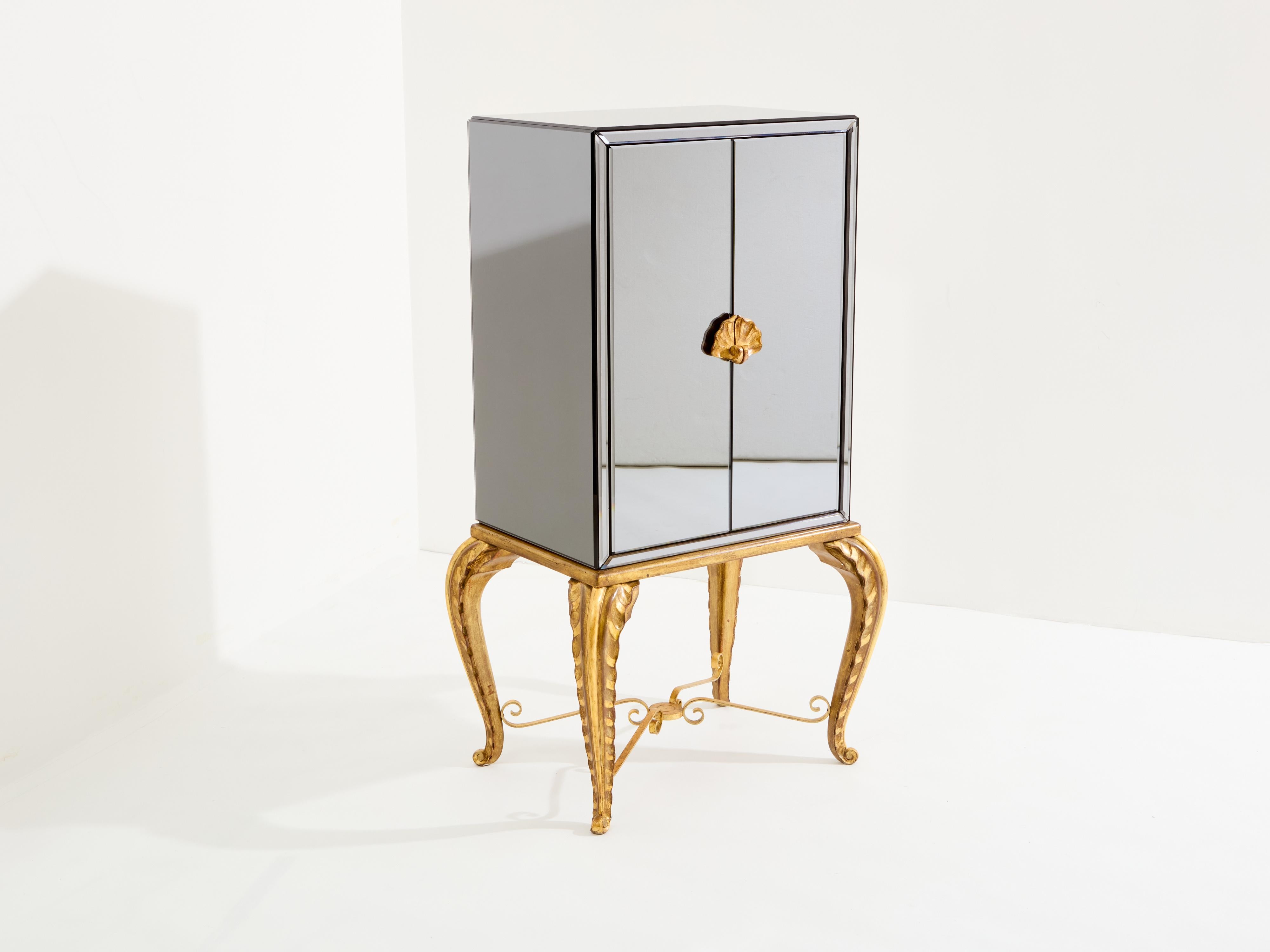 Art Deco Maison Jansen gilt wood and mirrored bar cabinet 1940 For Sale