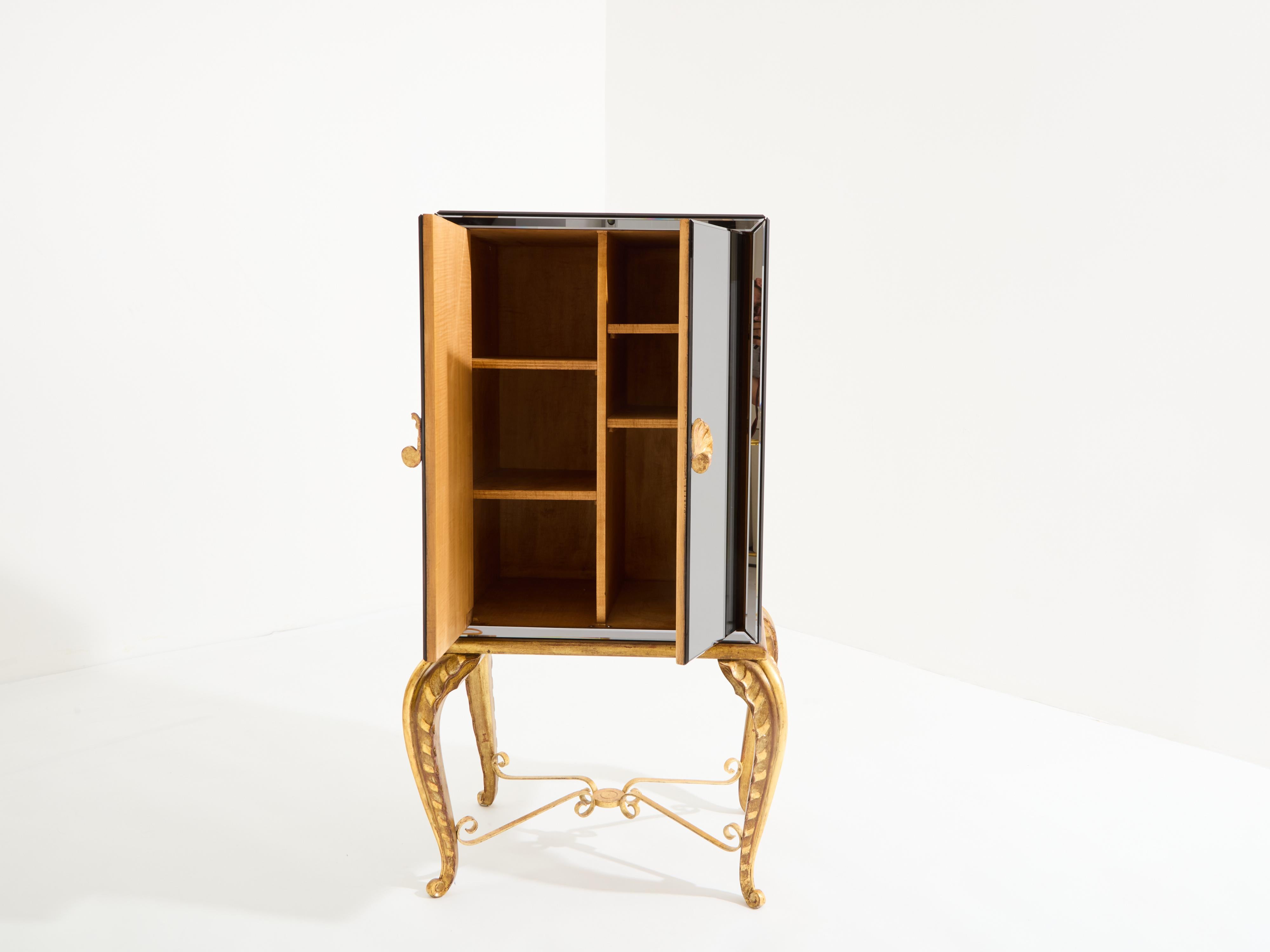 Mirror Maison Jansen gilt wood and mirrored bar cabinet 1940 For Sale
