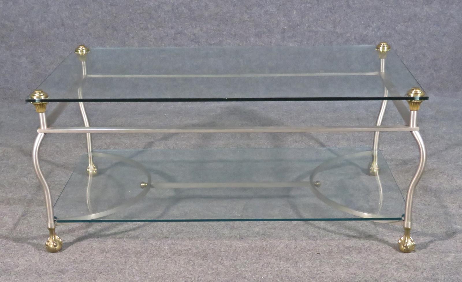 French Maison Jansen Glass and Steel Hollywood Regency Brass Ball and Claw Coffee Table