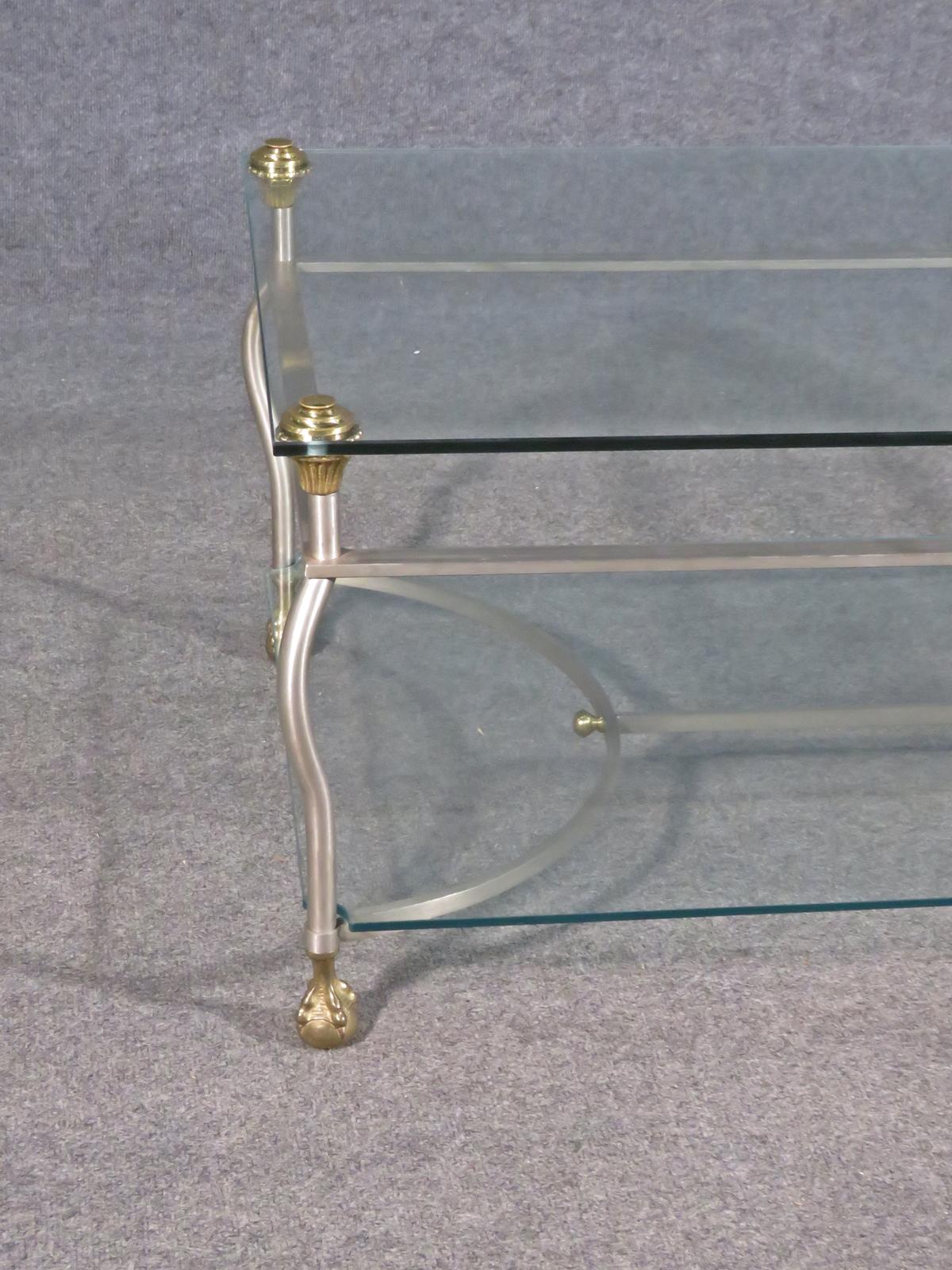 Maison Jansen Glass and Steel Hollywood Regency Brass Ball and Claw Coffee Table In Good Condition In Swedesboro, NJ