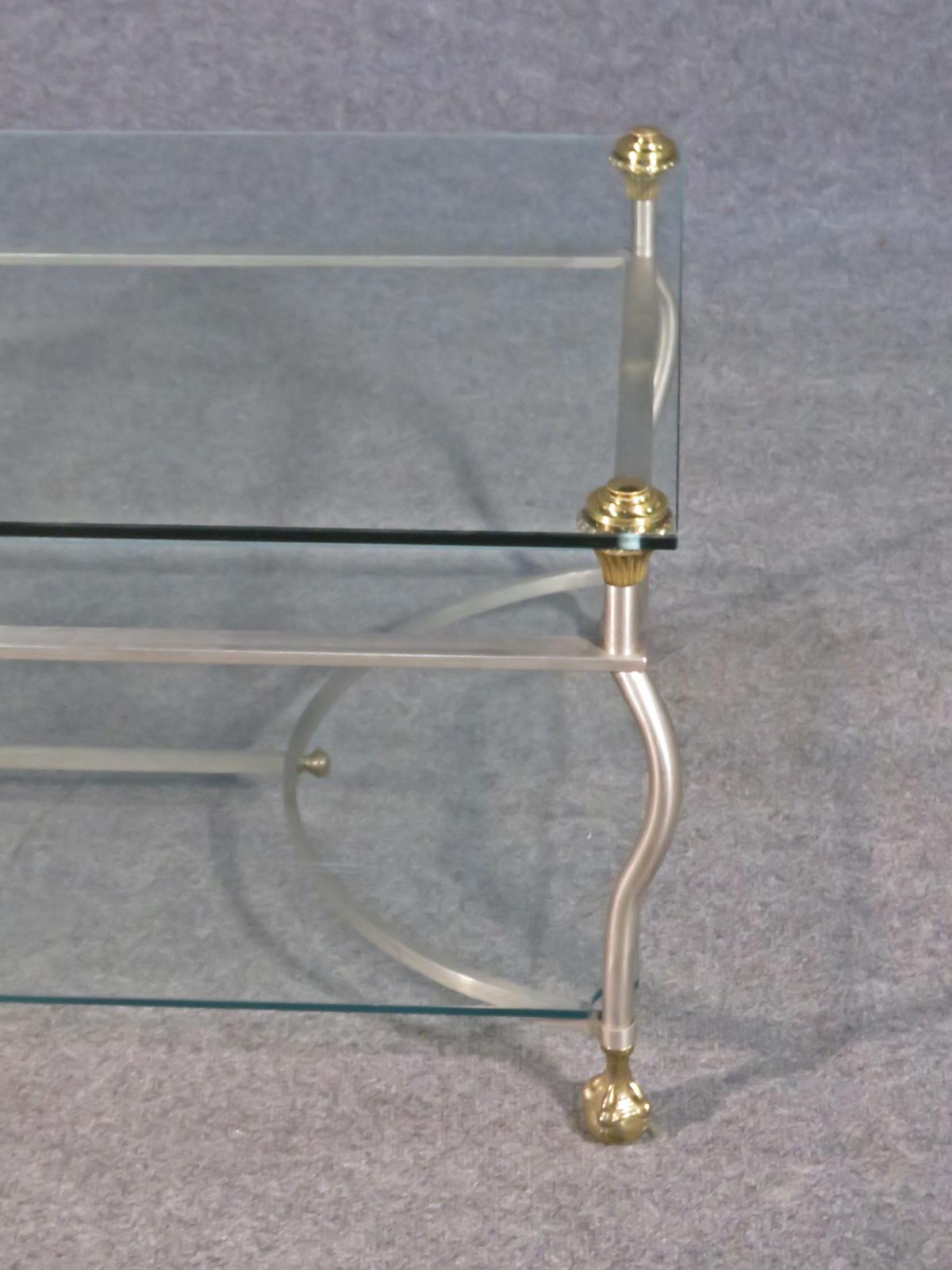 Mid-20th Century Maison Jansen Glass and Steel Hollywood Regency Brass Ball and Claw Coffee Table