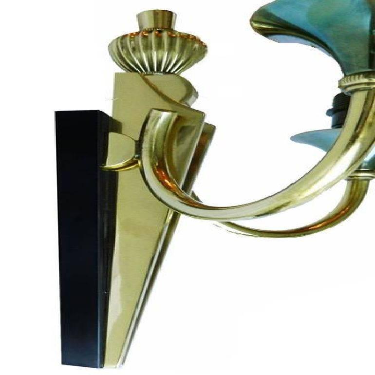 Mid-Century Modern Maison Jansen Gold and Black Pair of Sconces For Sale