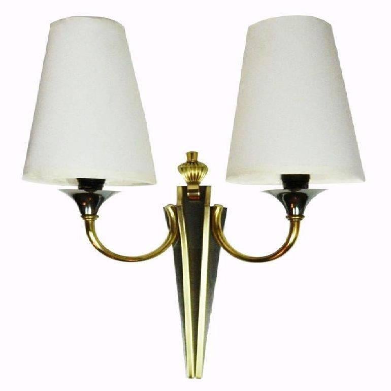 French Maison Jansen Gold and Black Pair of Sconces For Sale