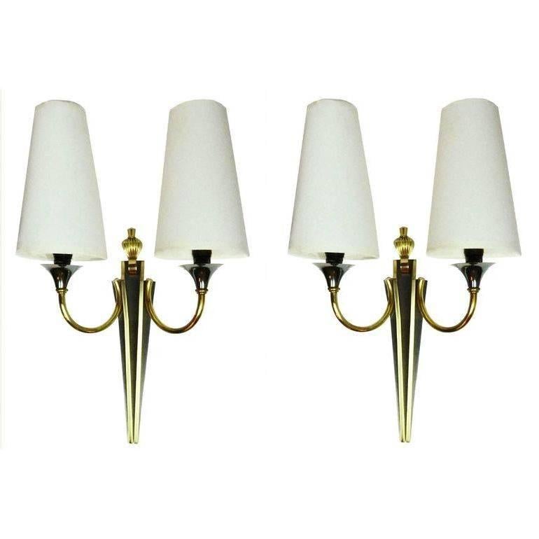 Maison Jansen, Paar Gold- und Schwarz-Wandleuchter im Angebot