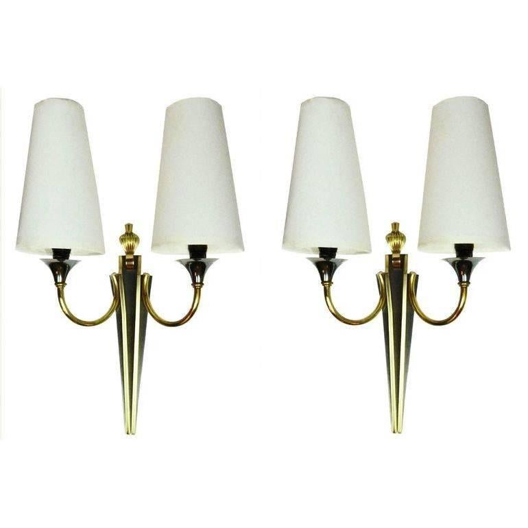 Maison Jansen Gold and Black Pair of Sconces For Sale