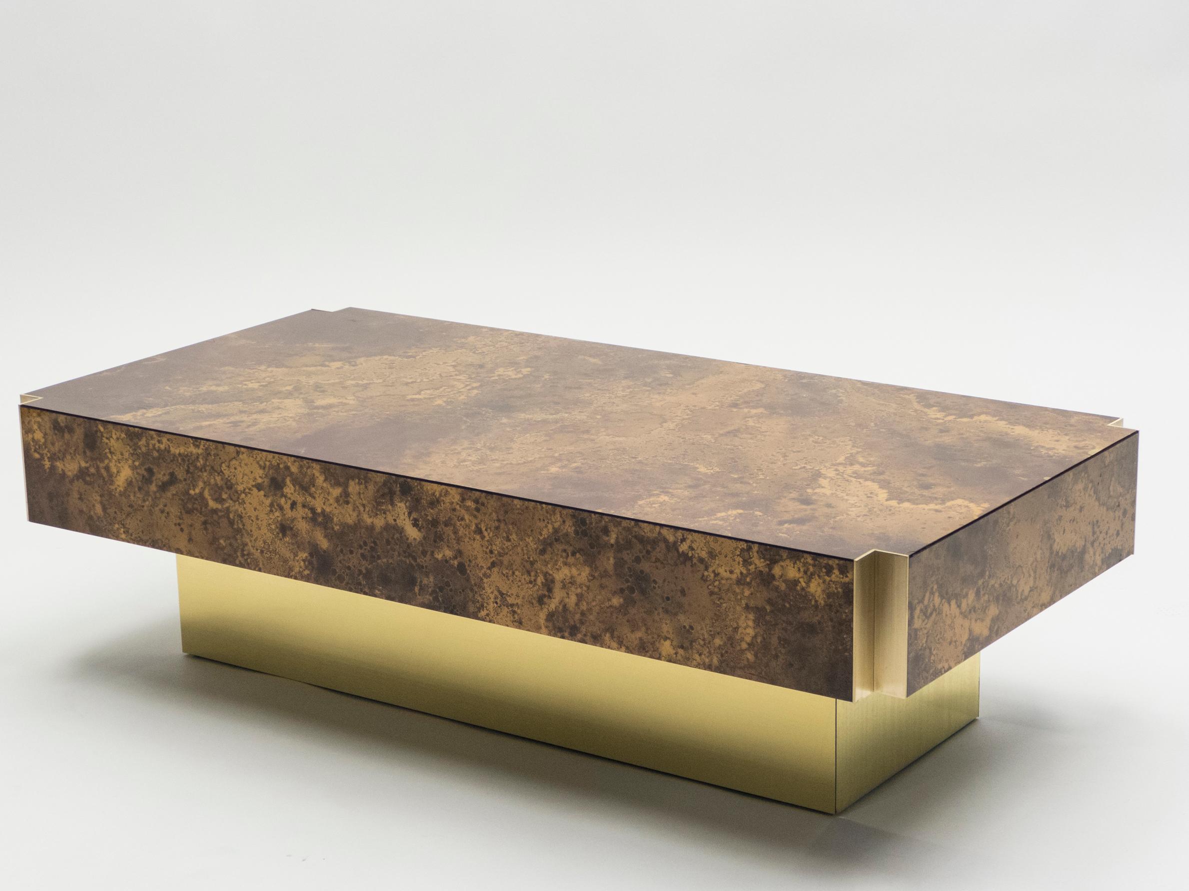French Maison Jansen Golden Lacquer and Brass Coffee Table, 1970s