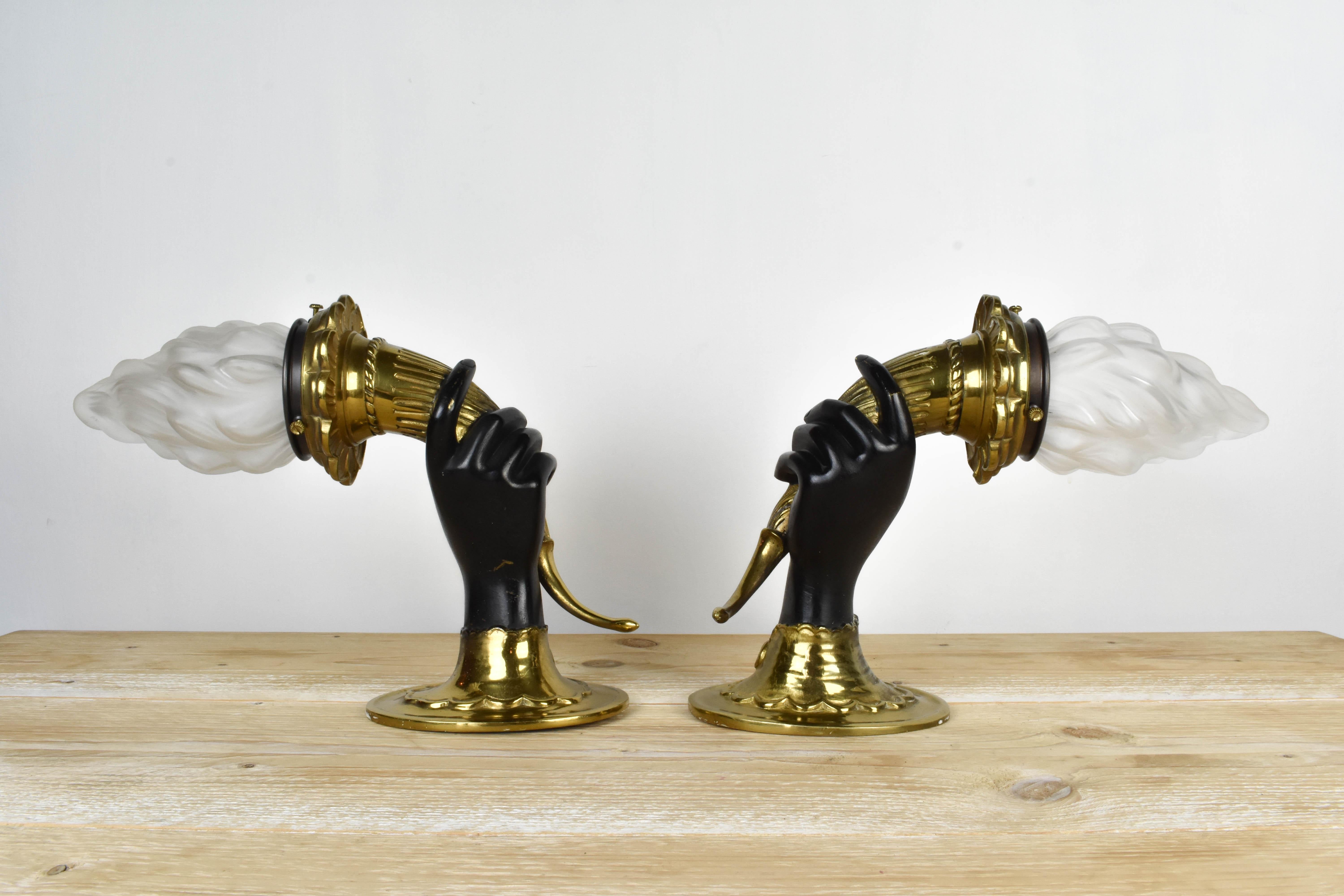 Bronze Maison Jansen Style Hand Torch Wall Lamps / Sconces