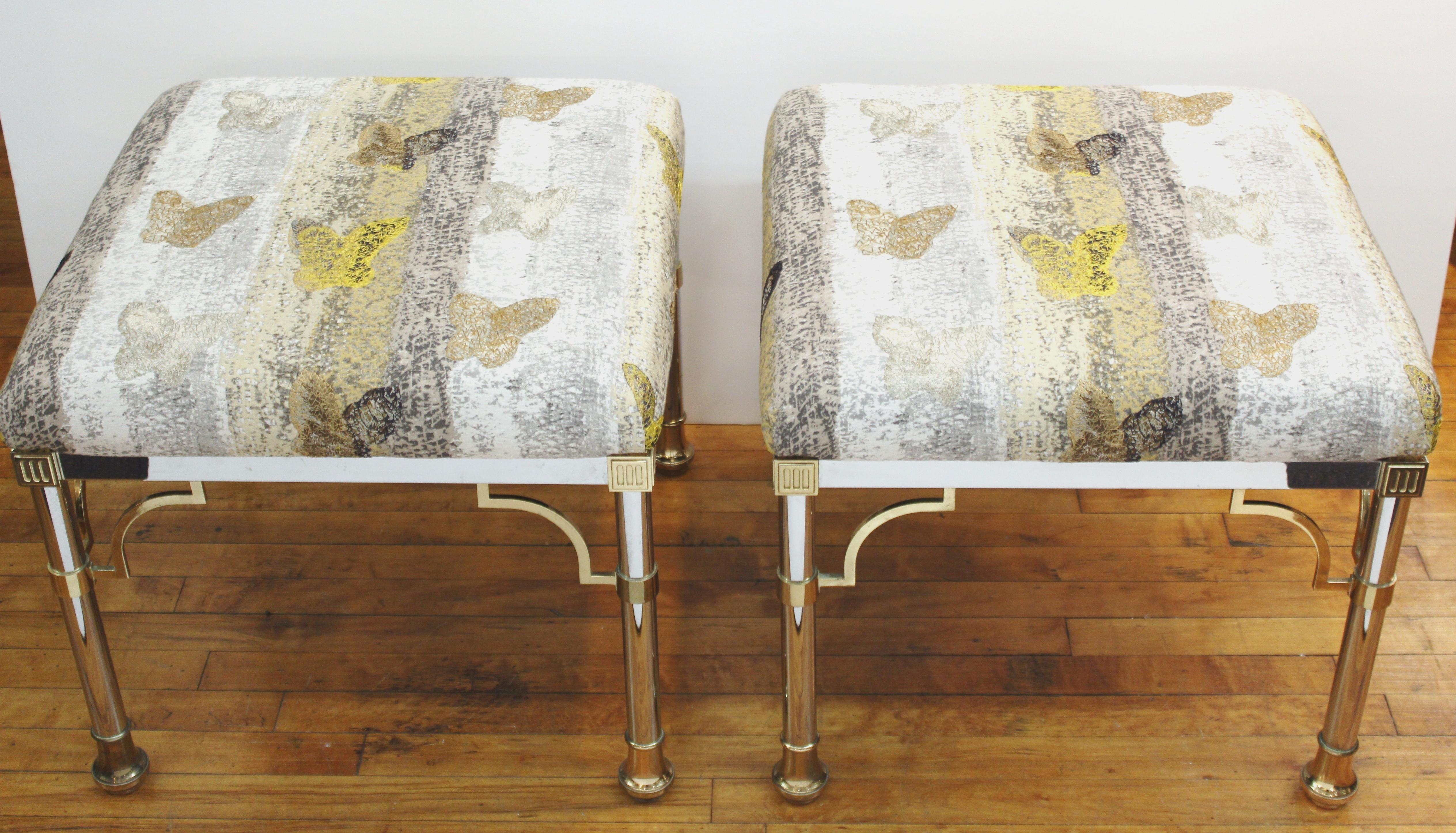 Maison Jansen Hollywood Regency benches in chrome and brass dating from the 1970s. Features a chrome frame with brass decorative accents and new upholstery by Hunt Slonem for Groundworks. The fabric is titled 'Butterflies