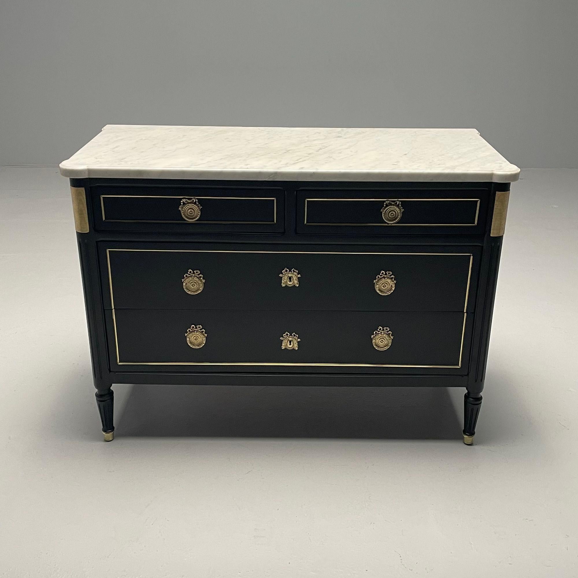 Maison Jansen, Hollywood Regency, Commode, Ebony, Marble, Bronze, French, 1950s

This fine French Commode or Chest of drawers, attributed to Maison Jansen, has been fully refinished to perfection. The Louis XVI style inspired profile with stout,