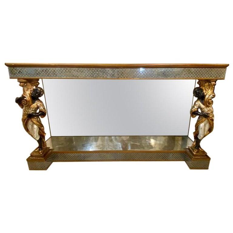 Hand-Painted Maison Jansen, Hollywood Regency, Console, Eglomise Glass, Gilt, France, 1930s For Sale