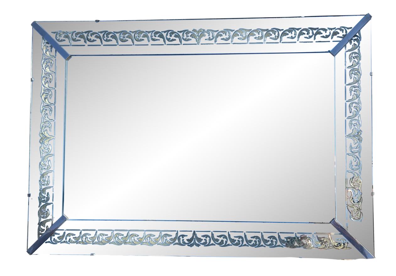 Maison Jansen Hollywood Regency Eglomise Mirror. Il est actuellement câblé pour un accrochage horizontal mais peut facilement être réglé pour un accrochage en portrait. 