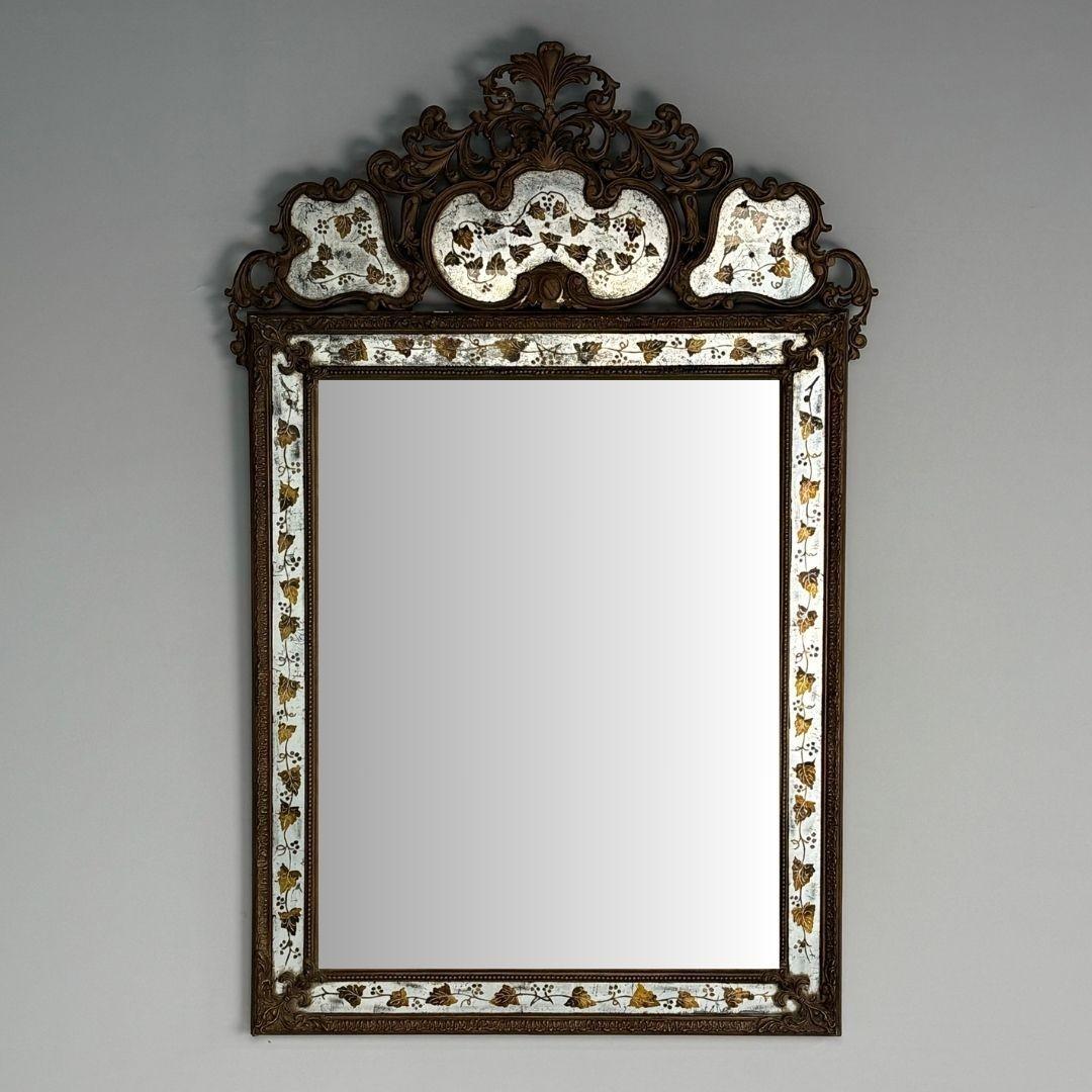 Maison Jansen, Régence hollywoodienne, miroir mural, miroir d'embarcadère ou de console, gesso, verre gravé, France, années 1950

Ce grand miroir mural rectangulaire exceptionnel, conçu et produit par la Maison Jansen en France au milieu du XXe