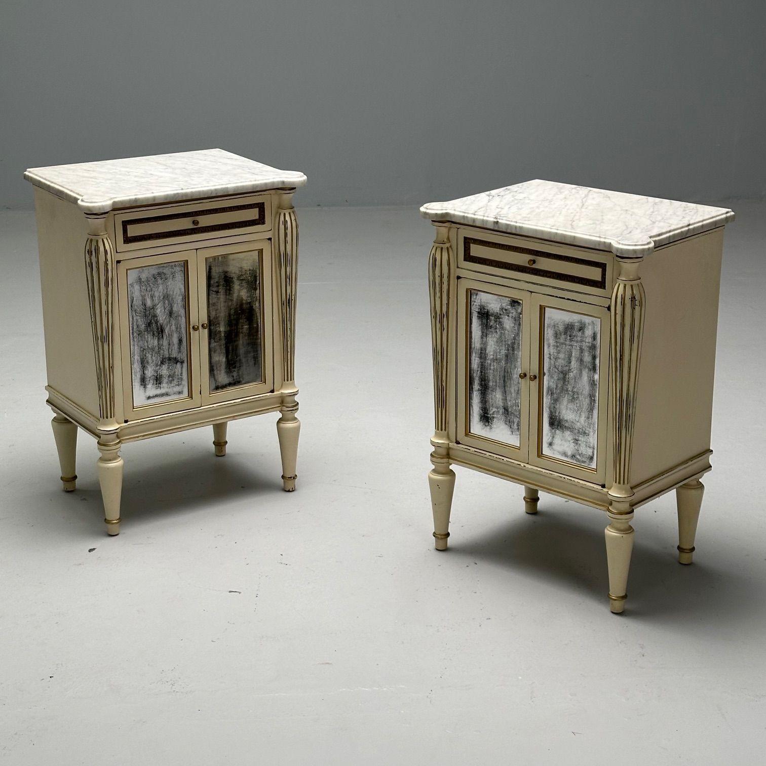 French Maison Jansen, Hollywood Regency, Side Table Cabinets, Distressed Mirror, Marble For Sale