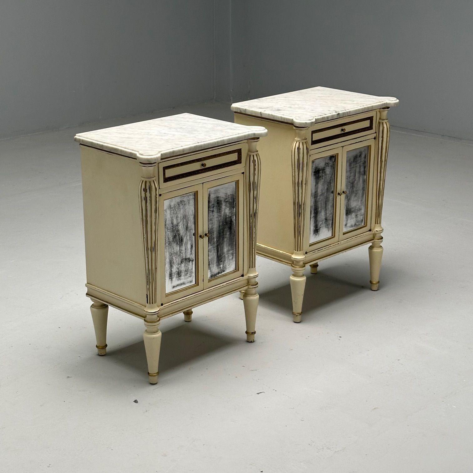 Maison Jansen, Hollywood Regency, Side Table Cabinets, Distressed Mirror, Marble In Good Condition For Sale In Manhasset, NY