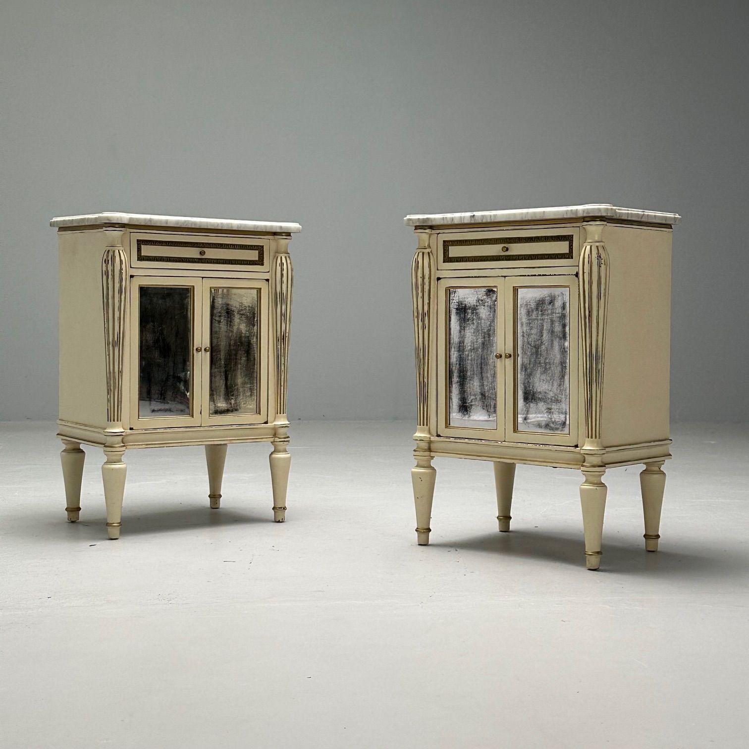 Mid-20th Century Maison Jansen, Hollywood Regency, Side Table Cabinets, Distressed Mirror, Marble For Sale