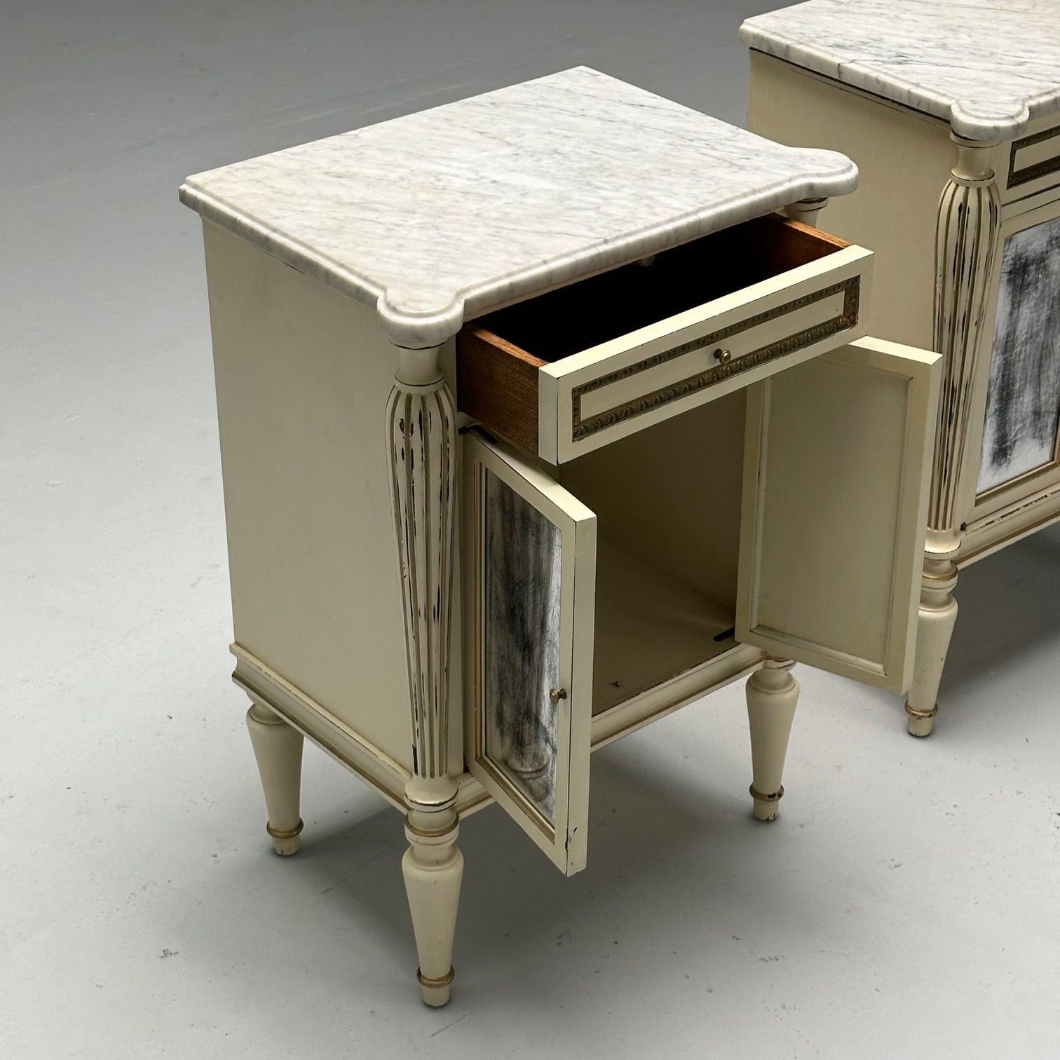 Maison Jansen, Hollywood Regency, Side Table Cabinets, Distressed Mirror, Marble For Sale 1