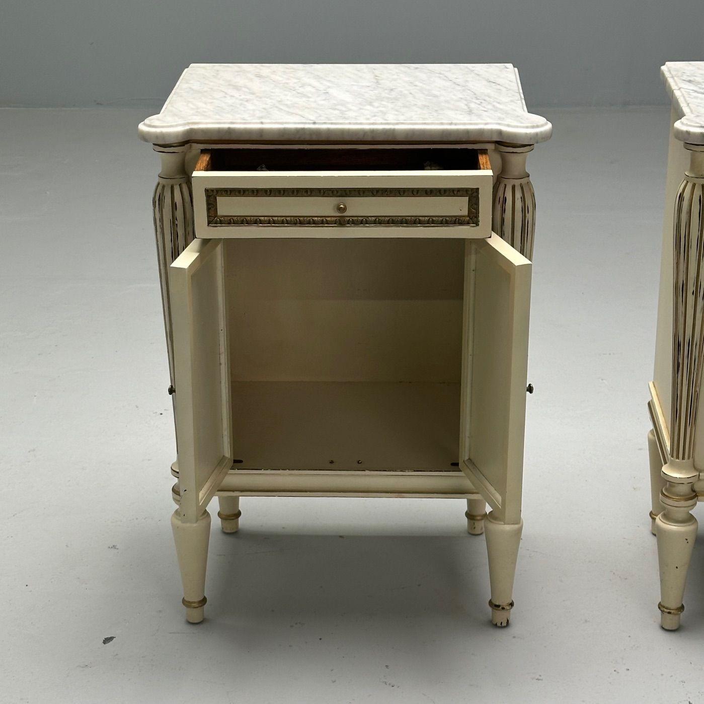 Maison Jansen, Hollywood Regency, Side Table Cabinets, Distressed Mirror, Marble For Sale 3