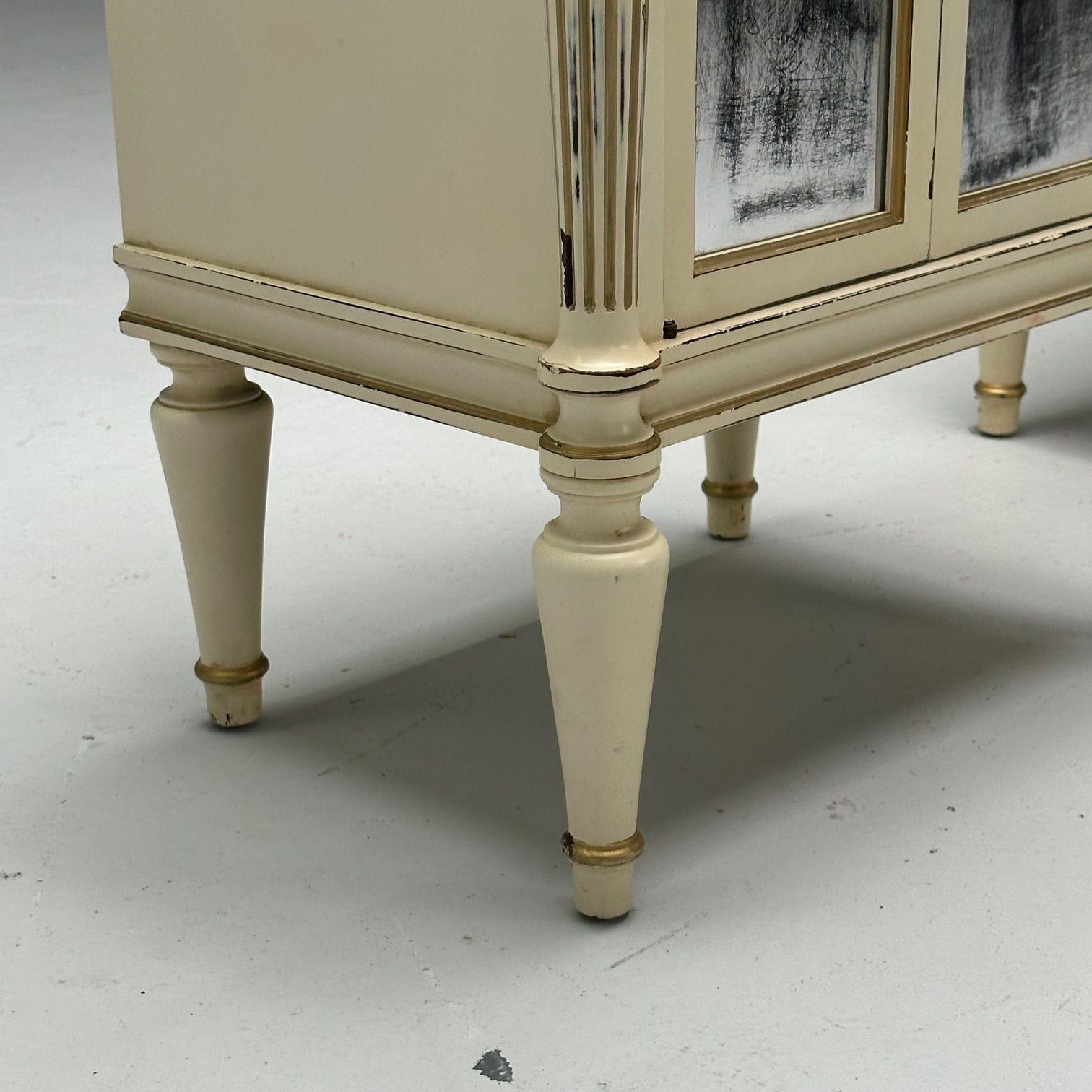 Maison Jansen, Hollywood Regency, Side Table Cabinets, Distressed Mirror, Marble For Sale 4