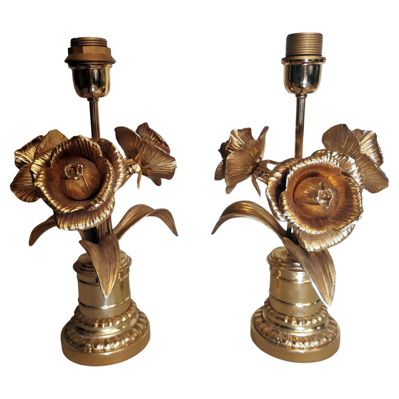 Maison Jansen Hollywood Regency Style Pair of Gilt Brass French Lamps For Sale