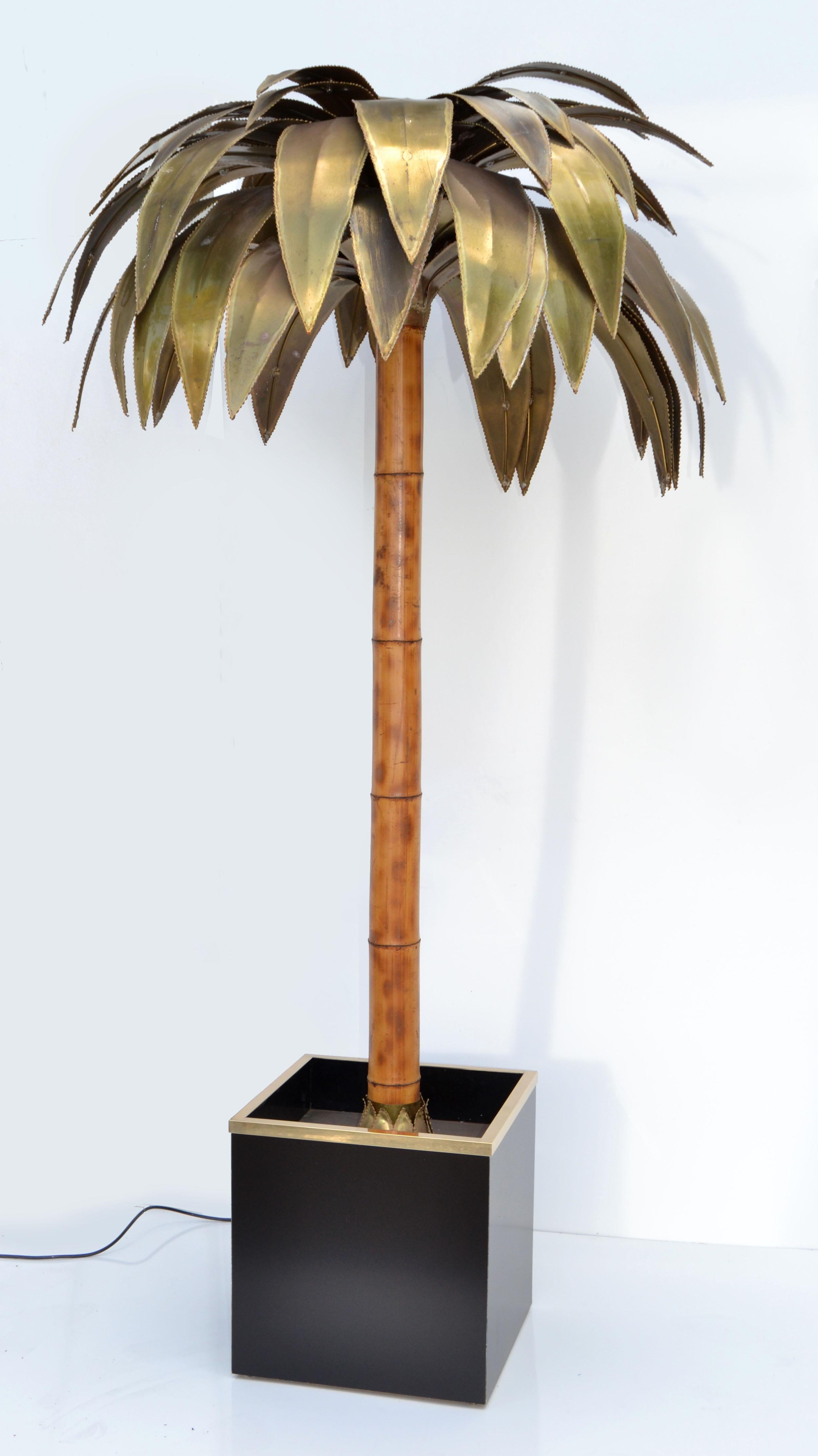 Mid-Century Modern Maison Jansen Huge 5 Light Bamboo Bronze & Brass Palm Tree Floor Lamp Paris 1965 For Sale