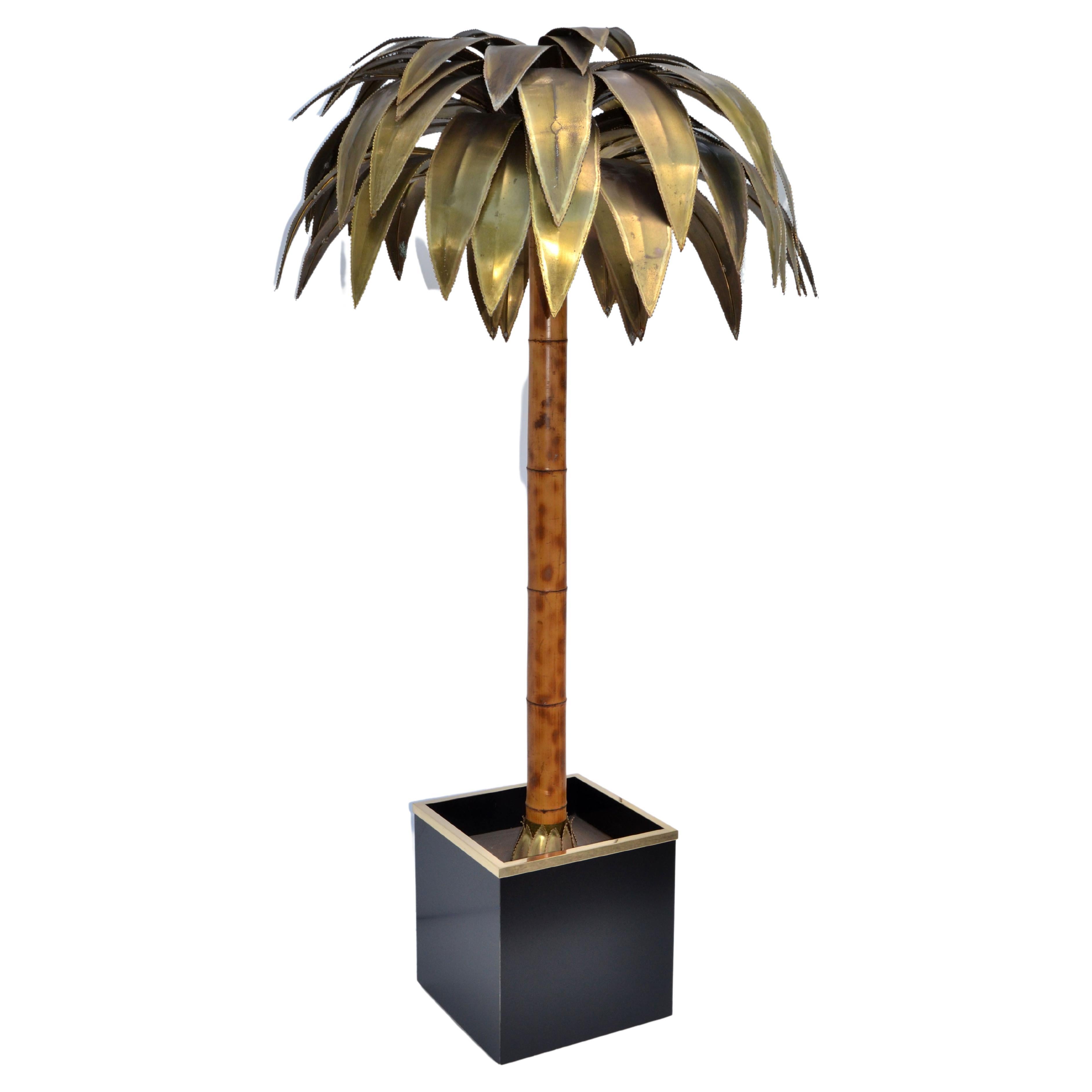 Maison Jansen Huge 5 Light Bamboo Bronze & Brass Palm Tree Floor Lamp Paris 1965 For Sale