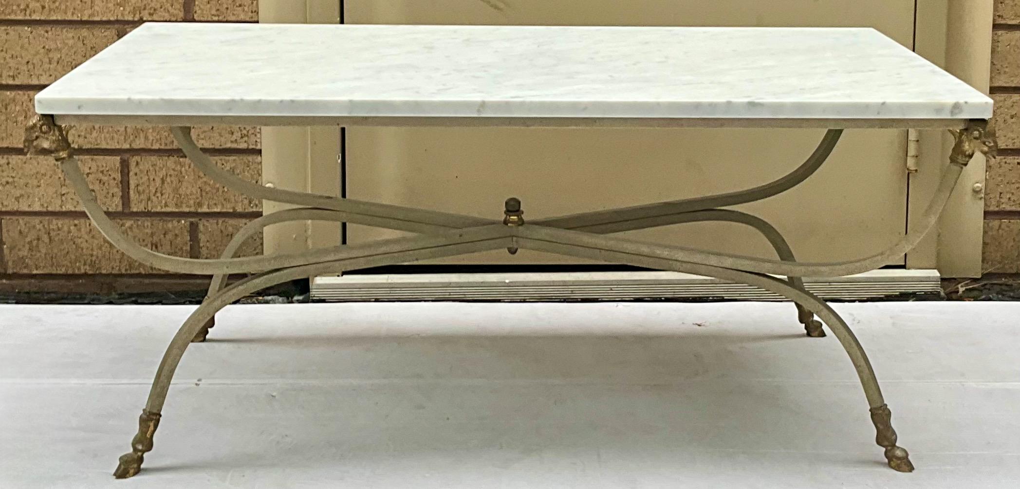 Neoclassical Maison Jansen Inspired Neo-Classical Steel & Bronze Marble Top Coffee Table  For Sale