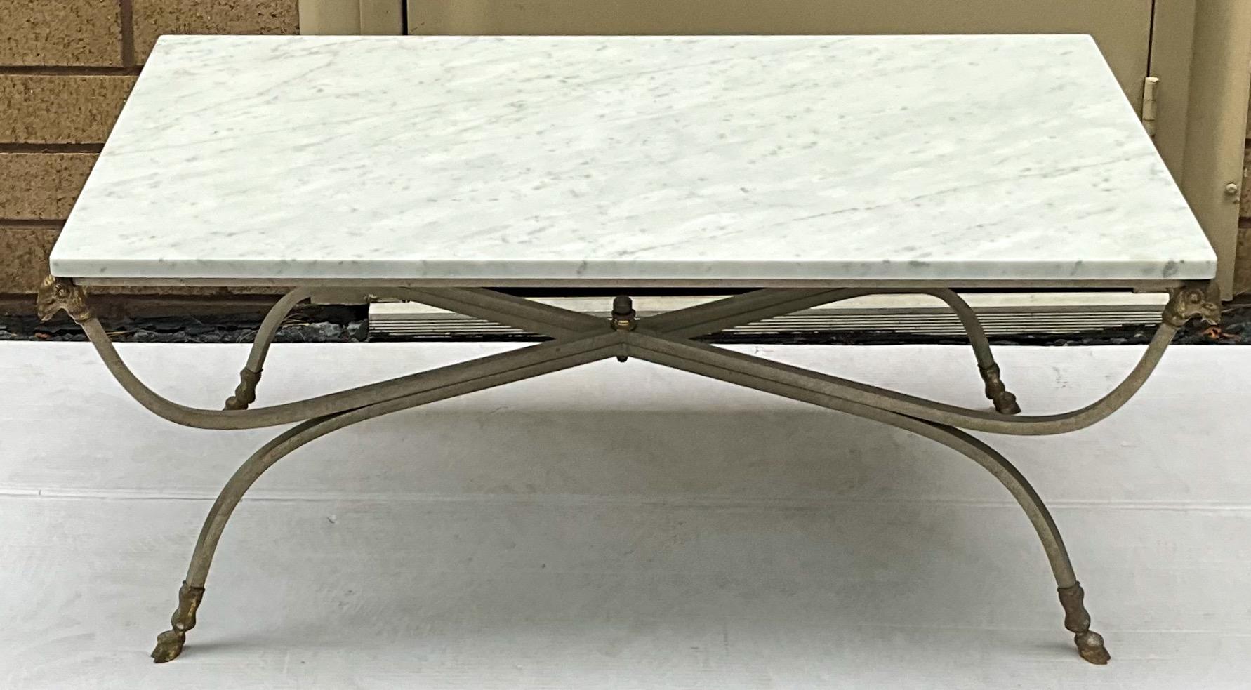 Italian Maison Jansen Inspired Neo-Classical Steel & Bronze Marble Top Coffee Table  For Sale
