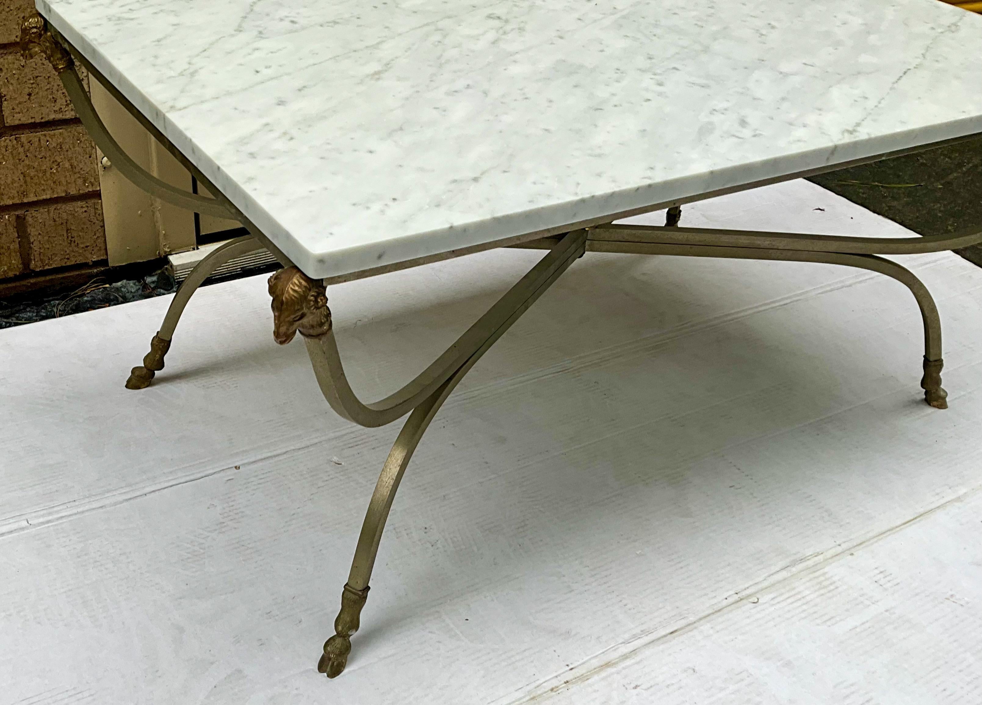 Maison Jansen Inspired Neo-Classical Steel & Bronze Marble Top Coffee Table  In Good Condition For Sale In Kennesaw, GA