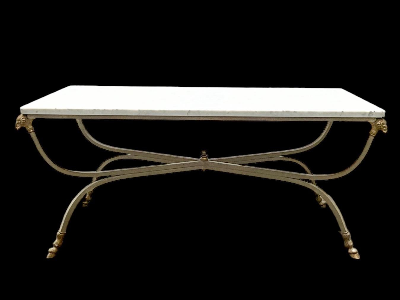 20th Century Maison Jansen Inspired Neo-Classical Steel & Bronze Marble Top Coffee Table  For Sale
