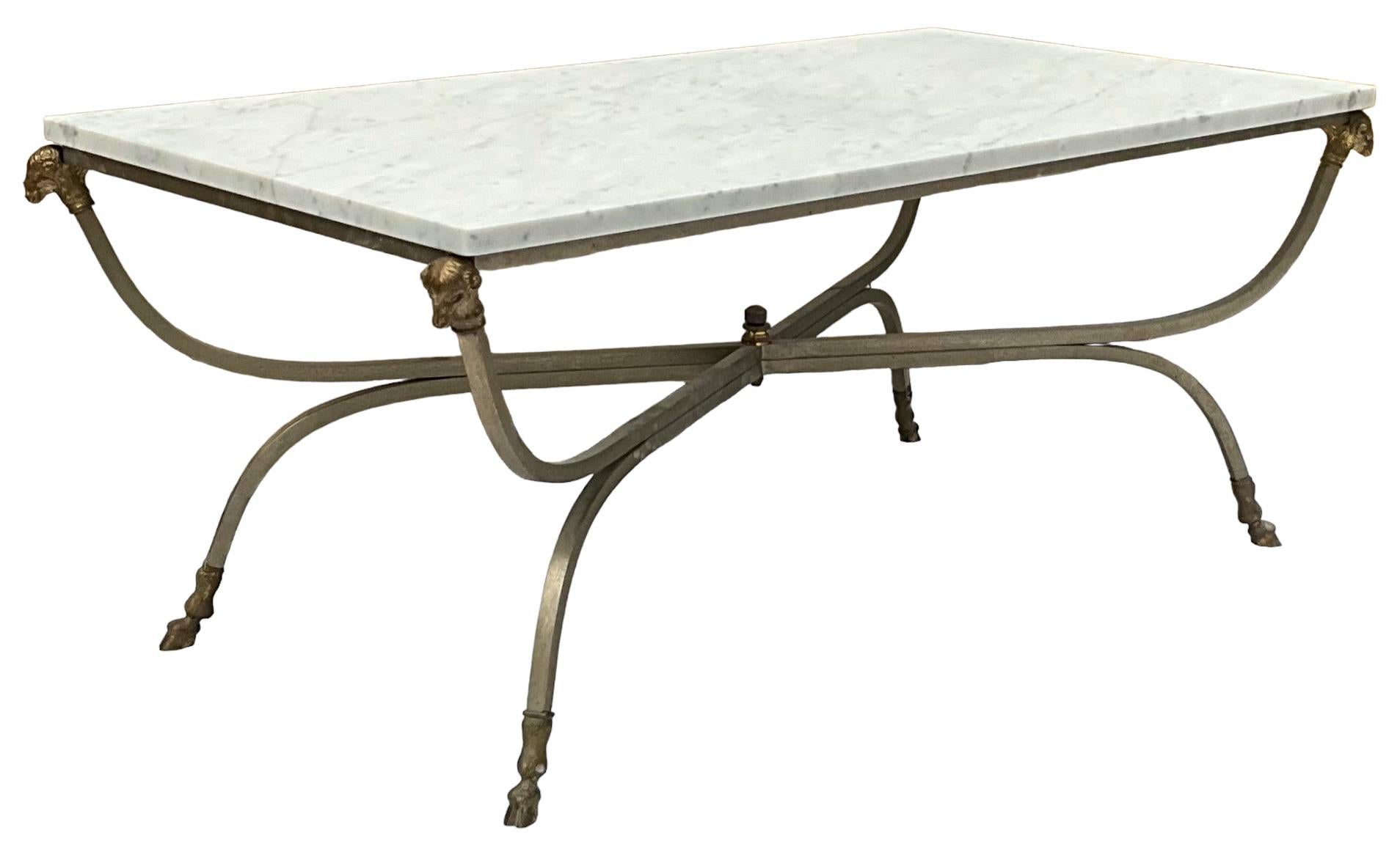Maison Jansen Inspired Neo-Classical Steel & Bronze Marble Top Coffee Table  For Sale 2
