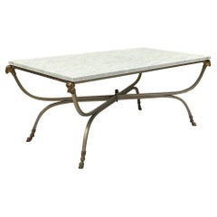 Maison Jansen Inspired Neo-Classical Steel & Bronze Marble Top Coffee Table