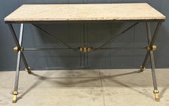 Maison Jansen Iron & Brass Neoclassical Console Table Coquina Stone Top, 1970s
