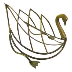 Maison Jansen Italian Brass Swan Signed Mid-Century Modern Magazine Rack